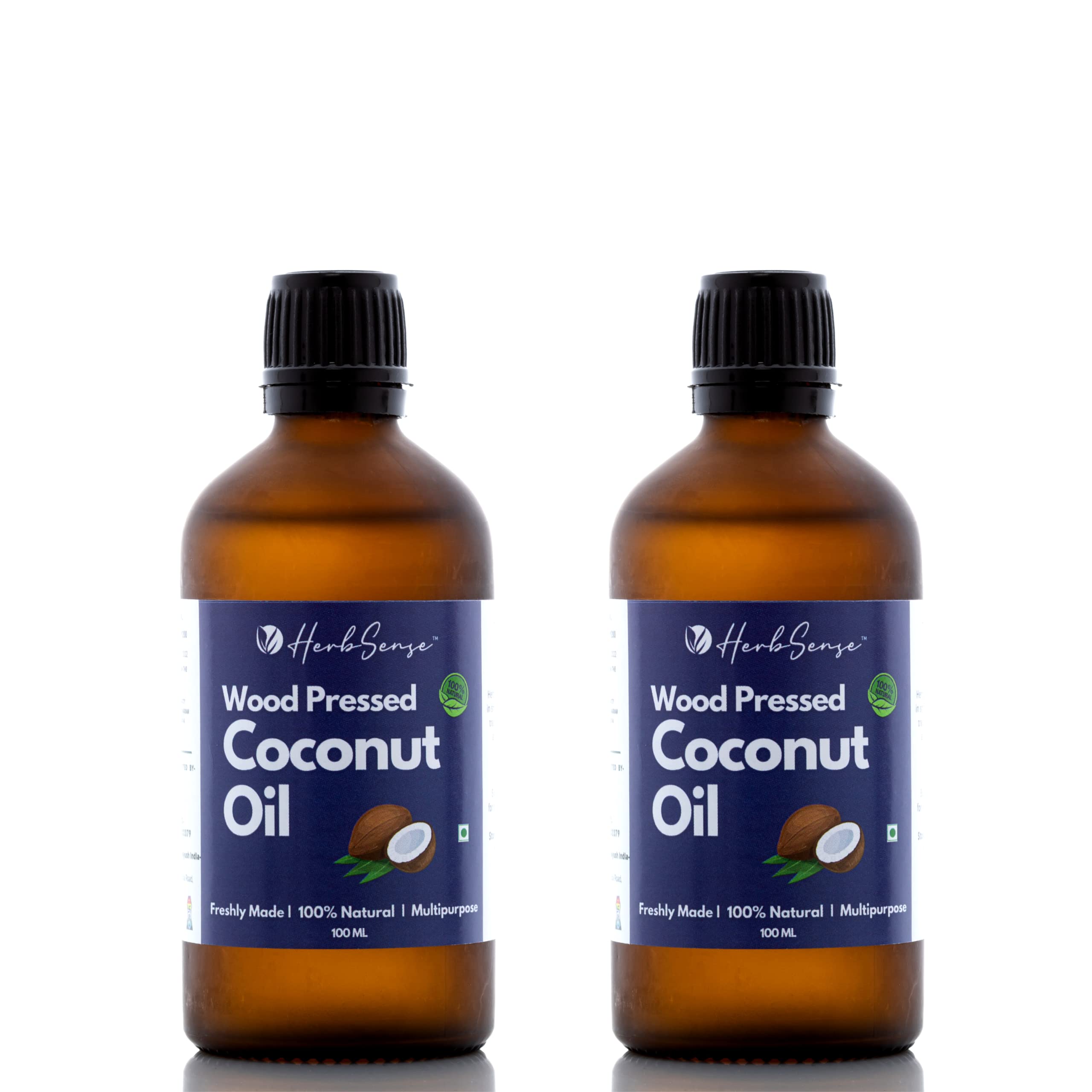 Herbsense Coconut oil | 2 packs | Wood Cold Pressed,100% Natural, Unrefined & Unfiltered Oils, Zero Added Preservatives & Chemical,Plant Based Oils For Hair Skin & Body Massage ,Baby Hair Oil,Baby Care (Glass Bottle 100ml x 2)