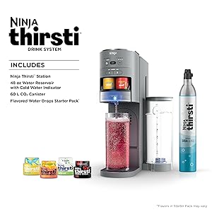 Ninja Thirsti Drink System, Soda Maker, Create Unique Sparkling & Still Drinks, Personalize Size & Flavor, Carbonated Water Machine, 60L CO2 Cylinder & Variety of Flavored Water Drops, Gray WC999AMZ
