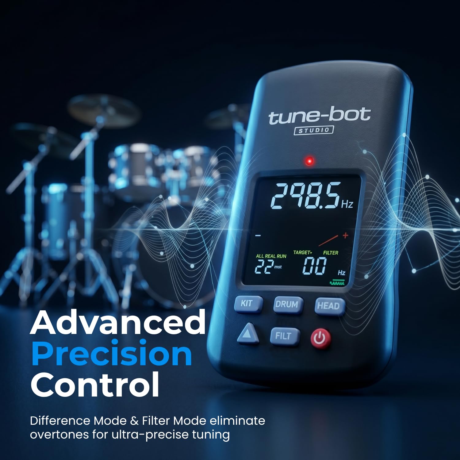 Tune-Bot Studio TBS-001 - Paquete de afinador de batería con funda de transporte rígida, dispositivo de afinación digital de batería, kit de afinación de tono para batería acústica, accesorios