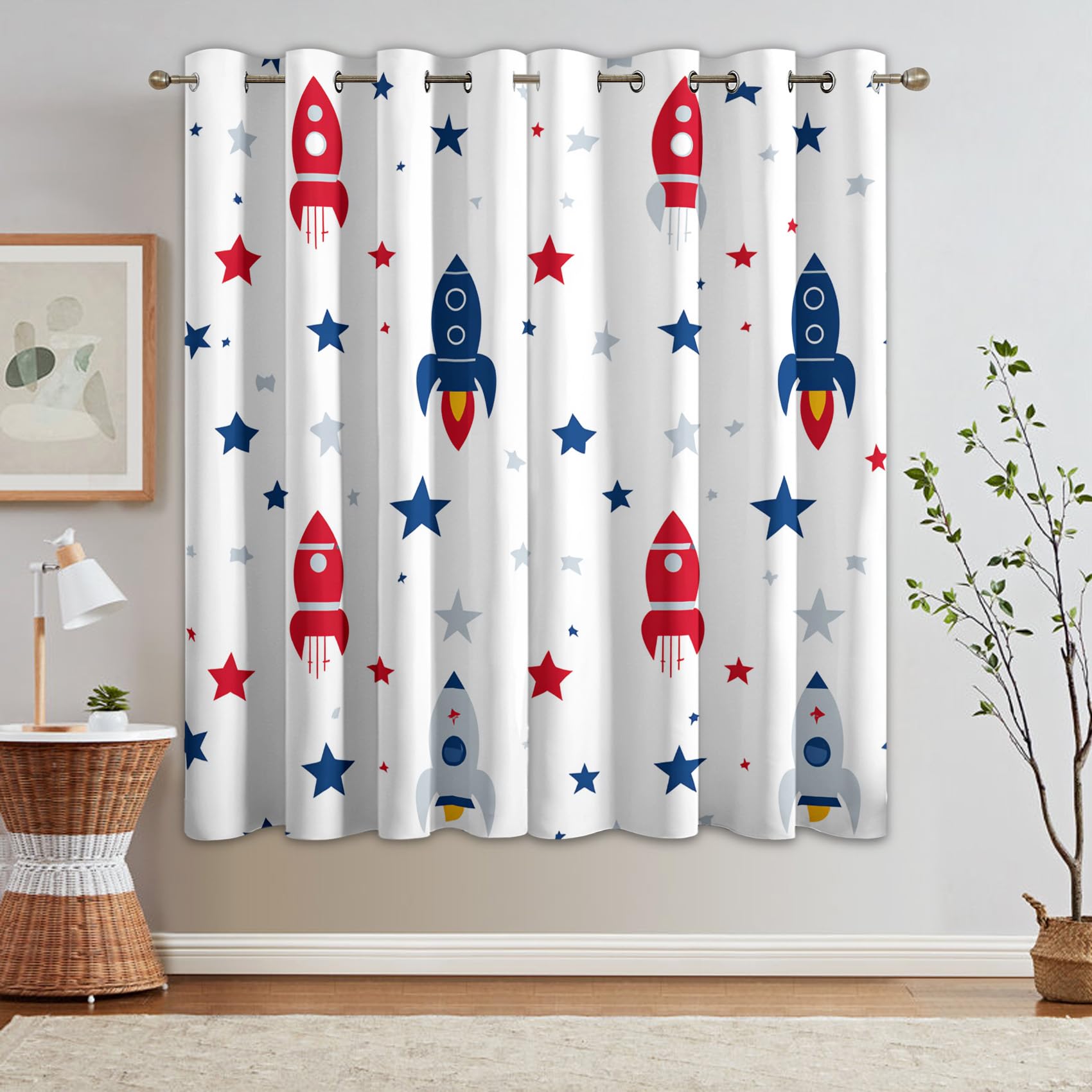 95% Blackout Space Rocket Curtains for Living Room Bedroom 108 Inch Drop, Kids Boys Printed Thermal Eyelet Windows Drapes for Home Decor, 90 x 108, 2 Panels - Q512
