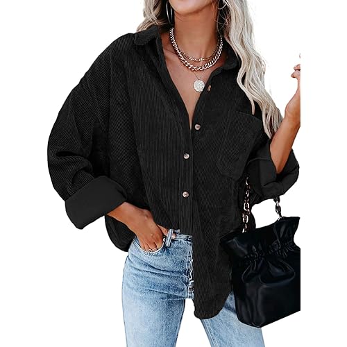 Dokotoo Womens Corduroy Button Down Shirts Boyfriend Long Sleeve Oversized Blouses Tops