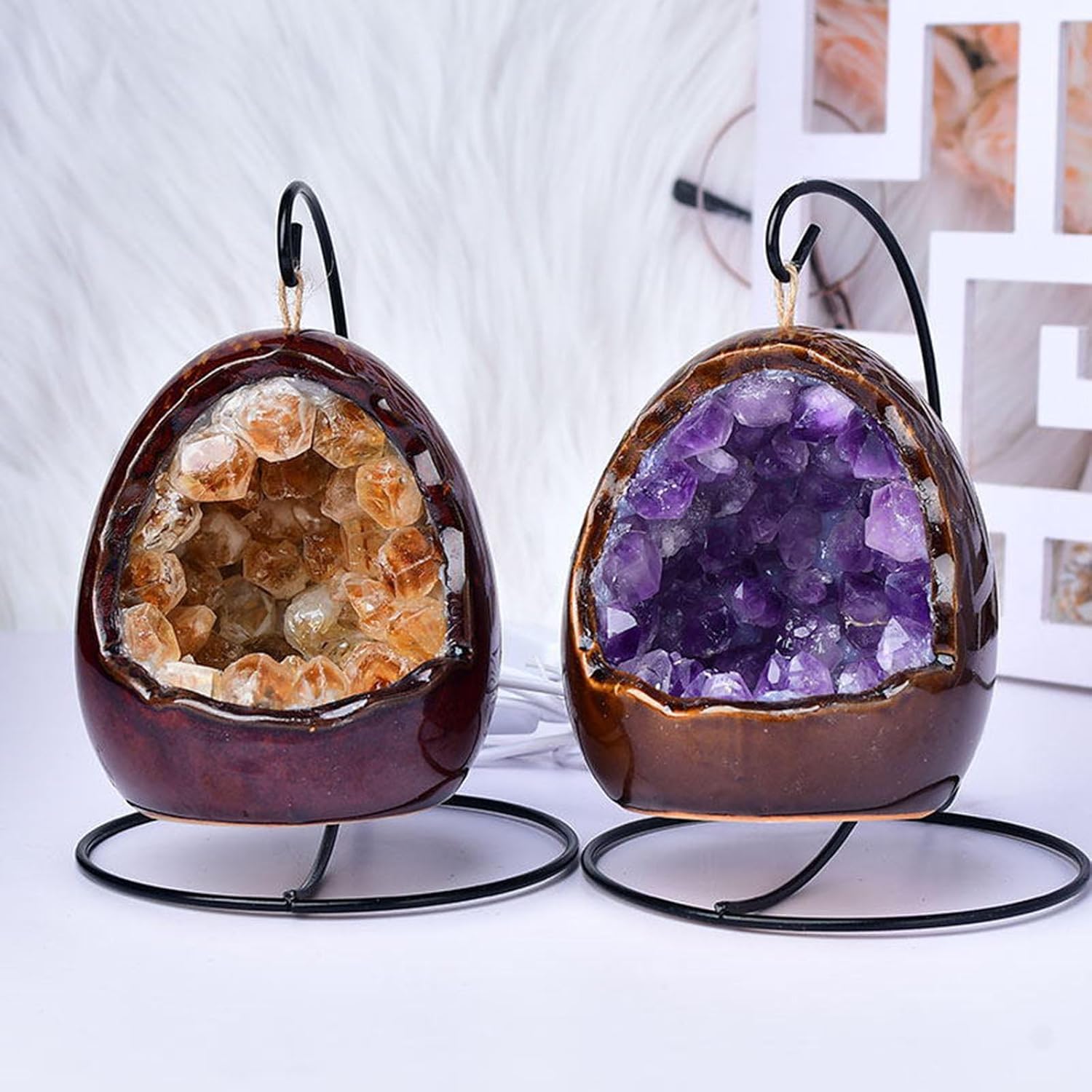 Amethyst Geode Night Light Citrine Egg Quartz Crystal Lamp Crystal Bedside Lamp for Home Decor,Bedroom, Living Room Ideal Gift for Women & Men,Purple