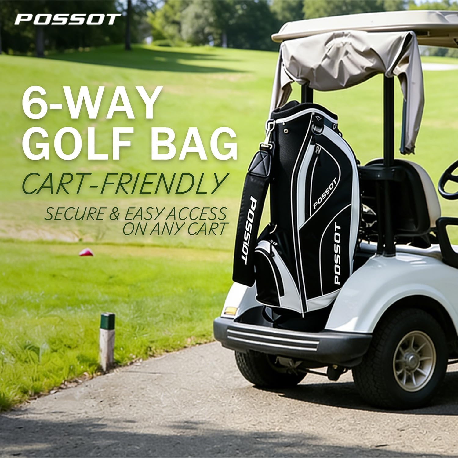 6 Way Cart Golf Bag for Men and Women - Lightweight Golf Club Bag for Beginners & Seniors, 6 Pockets Professional Trolley Bag with Full Length Dividers, Rain Hood & Stable Base, Black and White