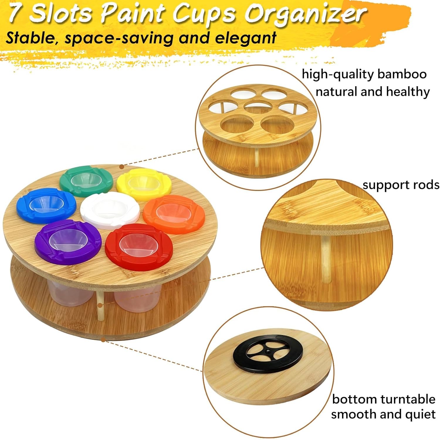 Paint Cups with Lids for Kids, 7pcs Spill Proof Painting Cups with Rotating Holder Toddler Paints Brushes No Spill Paint Cups with Kids Art Smock Paint Containers Art Supplies for Classrooms - Image 3