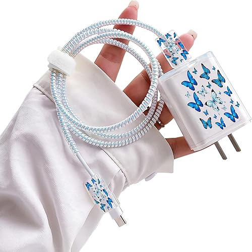 Lindos protectores de cable para iPhone Funda de carga bonita elegante patrón de mariposas azules diseño único cable de datos cargador de línea de