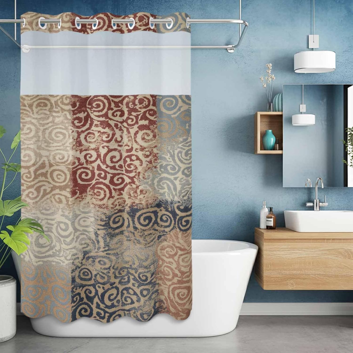 Brown Pattern No Hook Shower Curtain with Snap in Liner Retro Abstract Art Classic Brown Red Blue Pattern Waterproof Bathroom Shower Curtain with See Through Top Window for Bathtub 54" x 78"