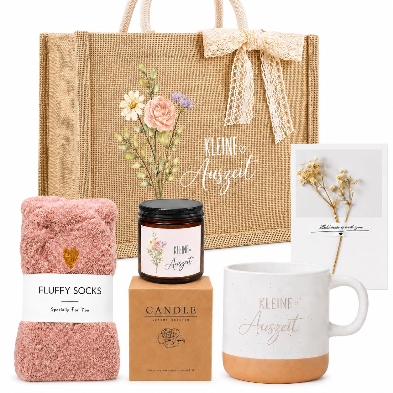 Geschenkset für Frauen Wellness Geschenke Kleine Auszeit Set mit Kerze Tasse Socken Rosa