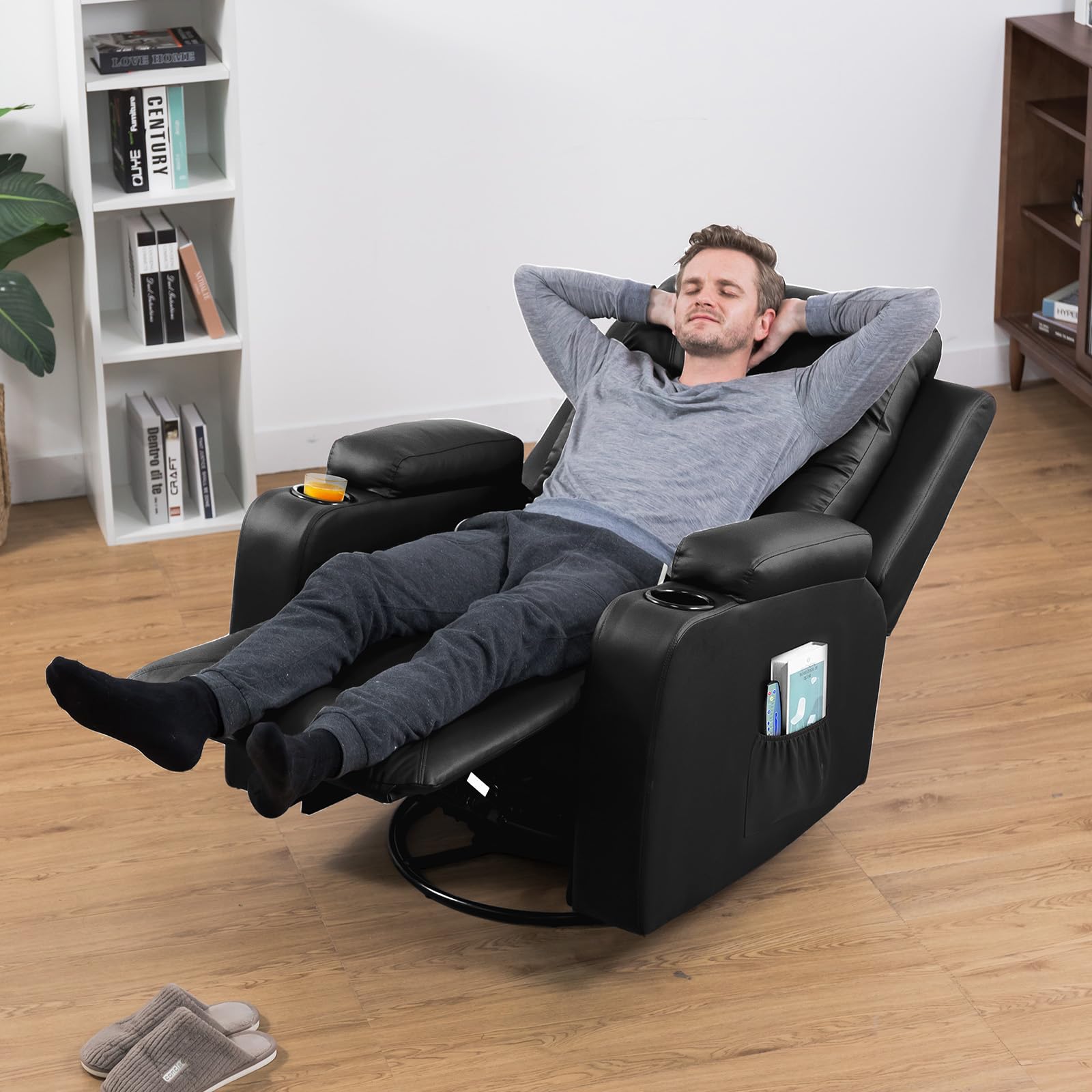 GTPLAYER Sillón de Relax con Respaldo Regulable y Reposapiés, Giratorio 360° en PU, Portavasos y Bolsillos Laterales, Silla Inclinable para TV, Silla de Lectura para Dormitorio, Negro