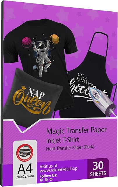 Raimarket Premium Iron on Transfer Paper t-Shirt Printing for Dark Fabrics, A4 30 Sheets, Printable Htv, Iron on Transfers for t Shirts, Best Heat Transfer Paper for Black T-Shirts, Easy to Use