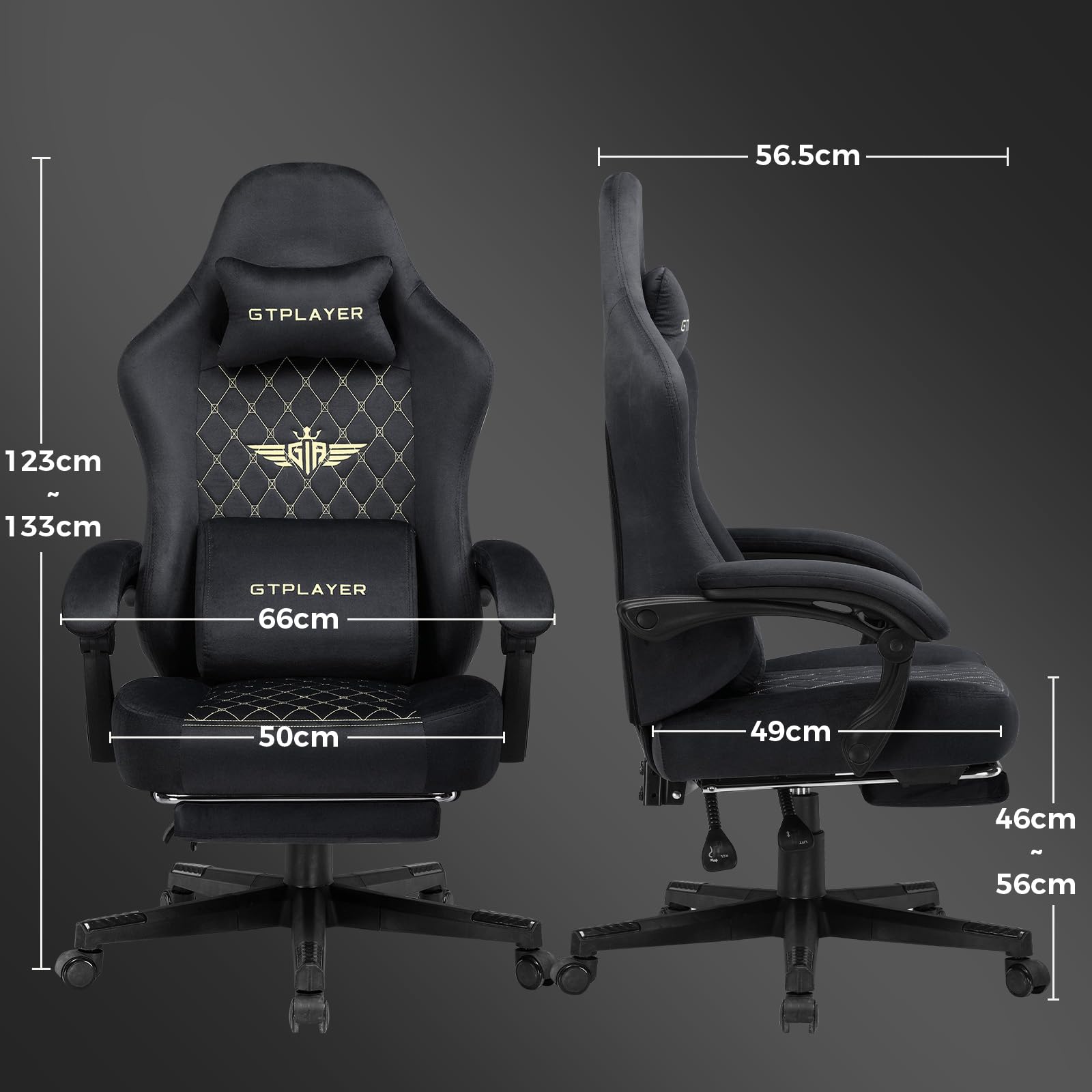 GTPLAYER Sedia Gaming Poltrona Gaming Tessuto Sedia Gamer Ergonomica Ufficio Sedia PC 150 kg Sedia da tavolo regolabile e girevole con Cuscino Seduta a Molle e Poggiapiedi, Nero