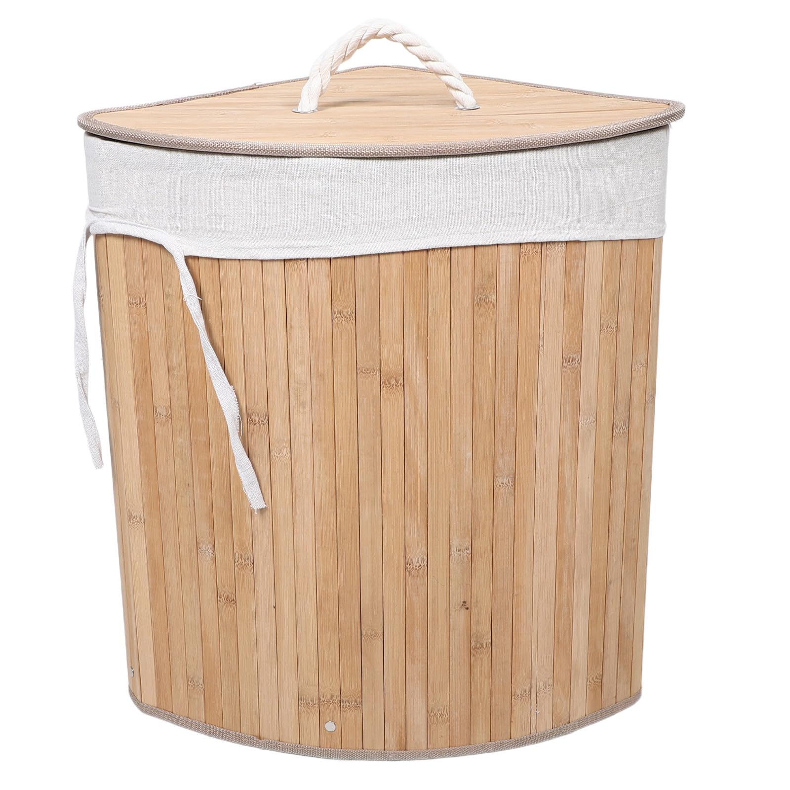 OUNONA Cesto Porta Biancheria 35x50cm con Coperchio Angolare Triangolare Beige, Bambù e Tessuto, Superficie Liscia Facile da Pulire, Apertura Silenziosa, per Camera e Casa
