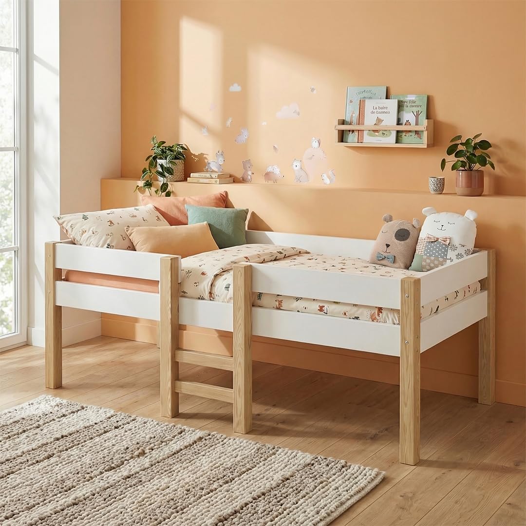 Bellabino Aspy Kinderbett 90x200 cm – Hochbett mit Rausfallschutz & Lattenrost – Halbhochbett mit Leiter aus Kiefer Massivholz in Weiß/Natur – Jugendbett für Jungen und Mädchen