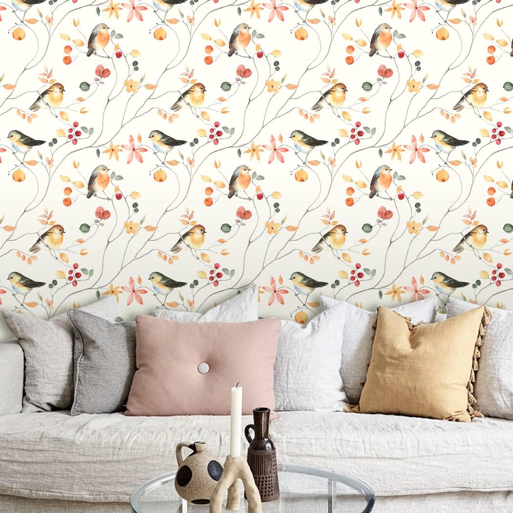 Birds Peel and Stick Wallpaper Removable Vintage Floral Self Adhesive Wall Paper for Shelf Drawer Liner Wall Home Decorations 17.7"x118" (Pack of 2)