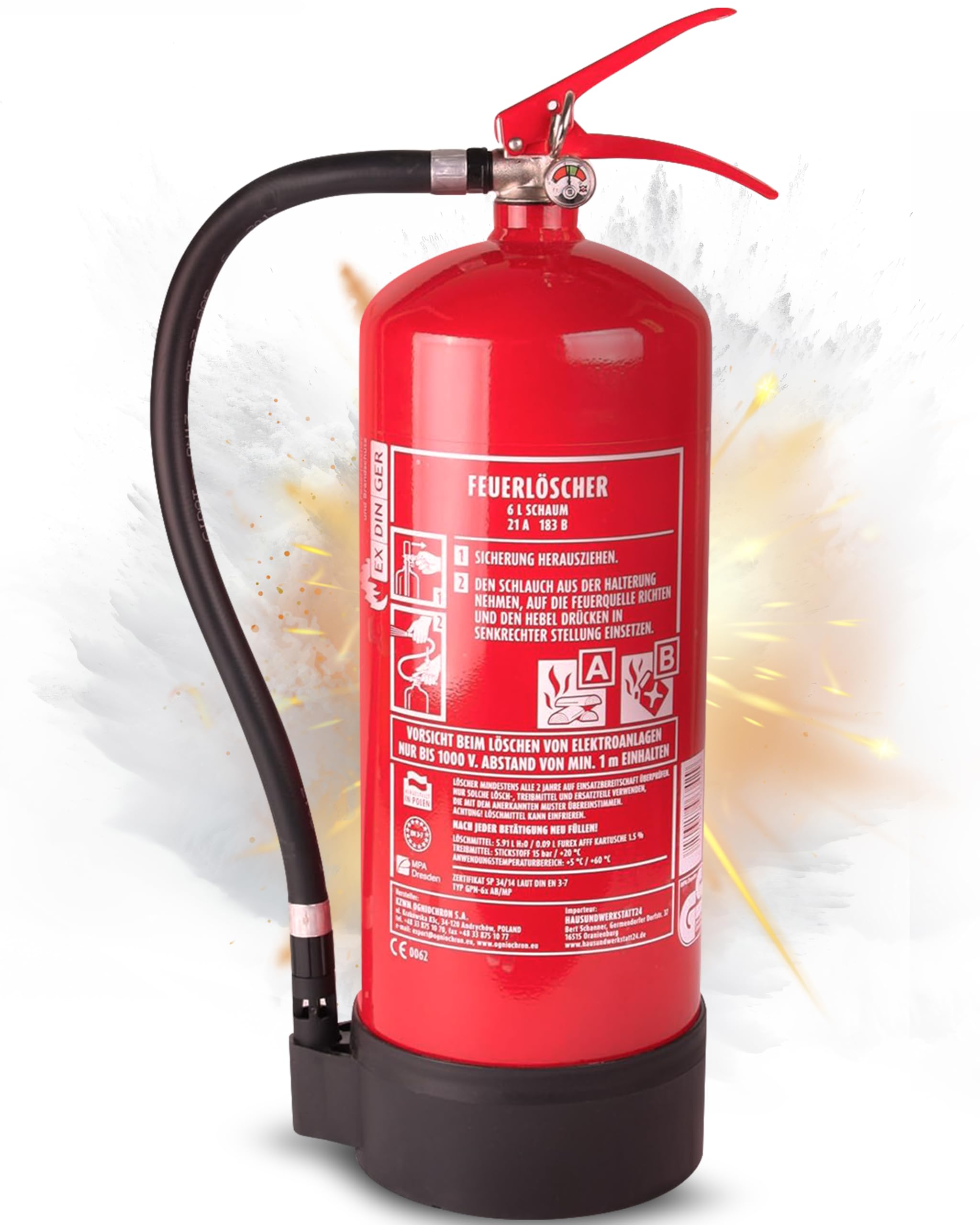 HausundWerkstatt24 6l Feuerlöscher Schaum blau 6L AB 6LE mit Halterung Dauerdrucklöscher (GPN-6X Instandhaltungsnachweis