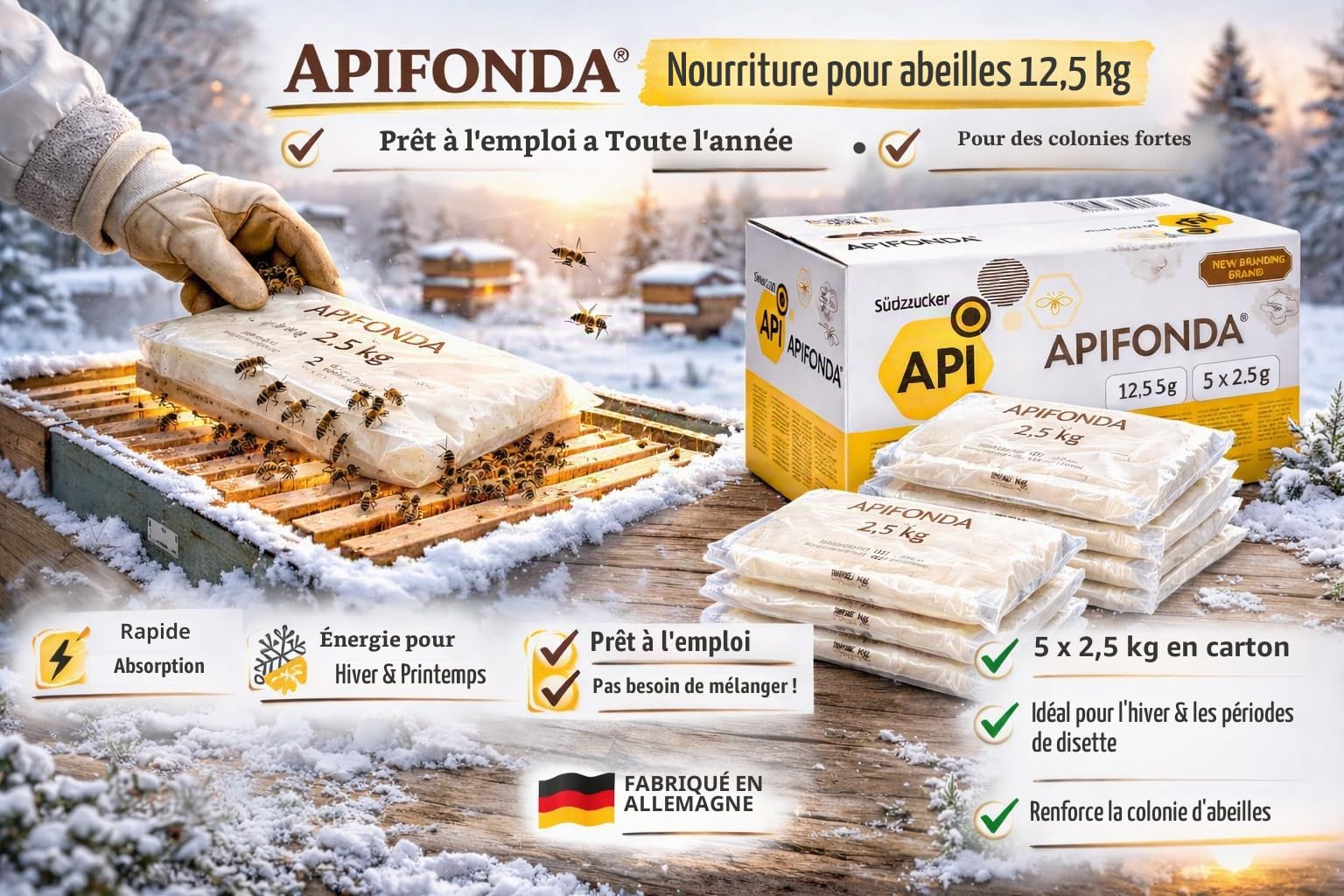 Südzucker Apifonda Nourriture pour abeilles 12,5 kg (5 x 2,5 kg) - Pâte alimentaire pour abeilles - Prête à l'emploi - Utilisable toute l'année - Fournitures d'apiculture - Pâte pour l'alimentation