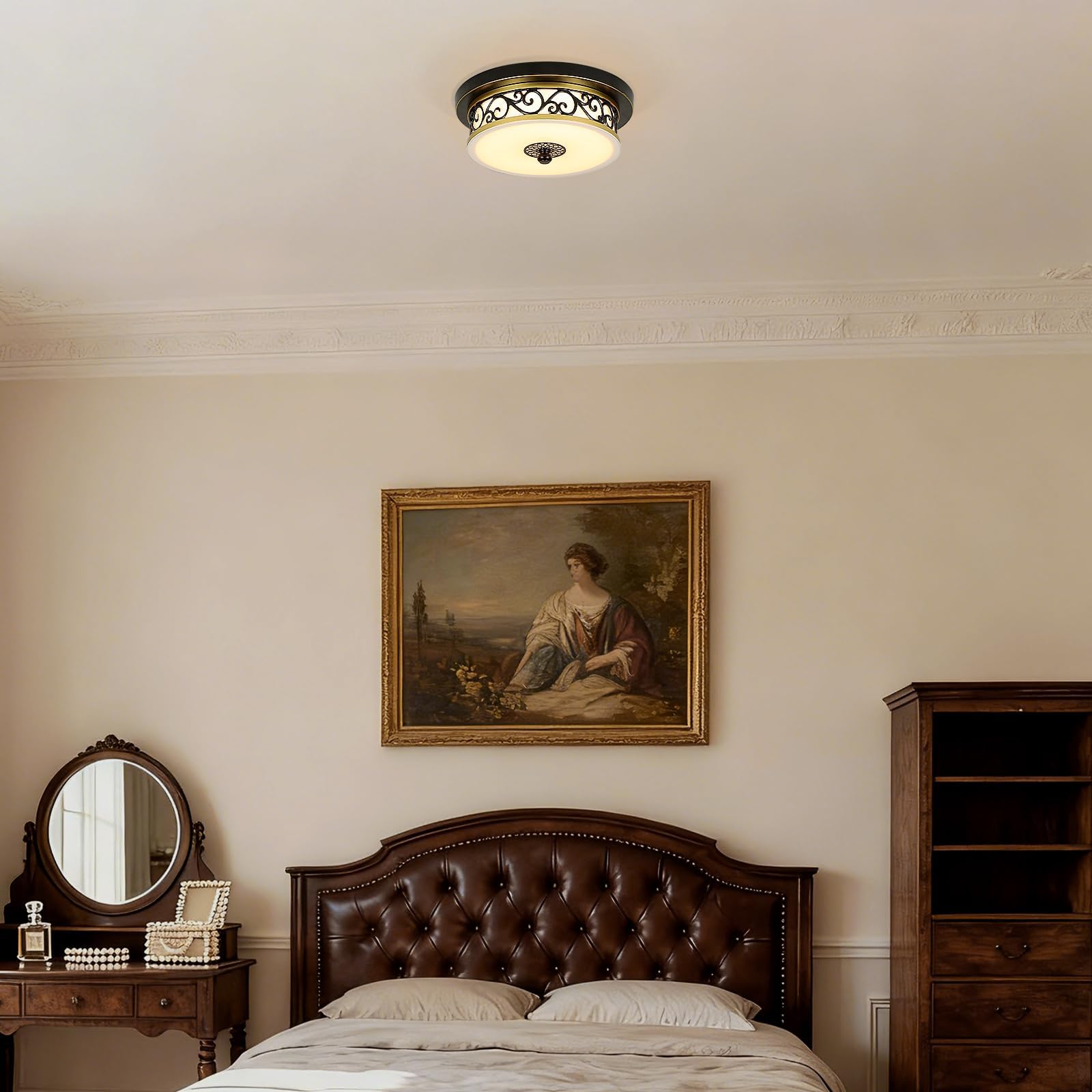 Plafoniera Soffitto Soggiorno Rotonda Vintage,Ø30*H10cm Plafoniera in Tessuto-Vetro,Nero Lampadario Soffitto Villa Piatta per Camera da Letto,Cucina e Sala da Pranzo,Luce Neutra 4500K.