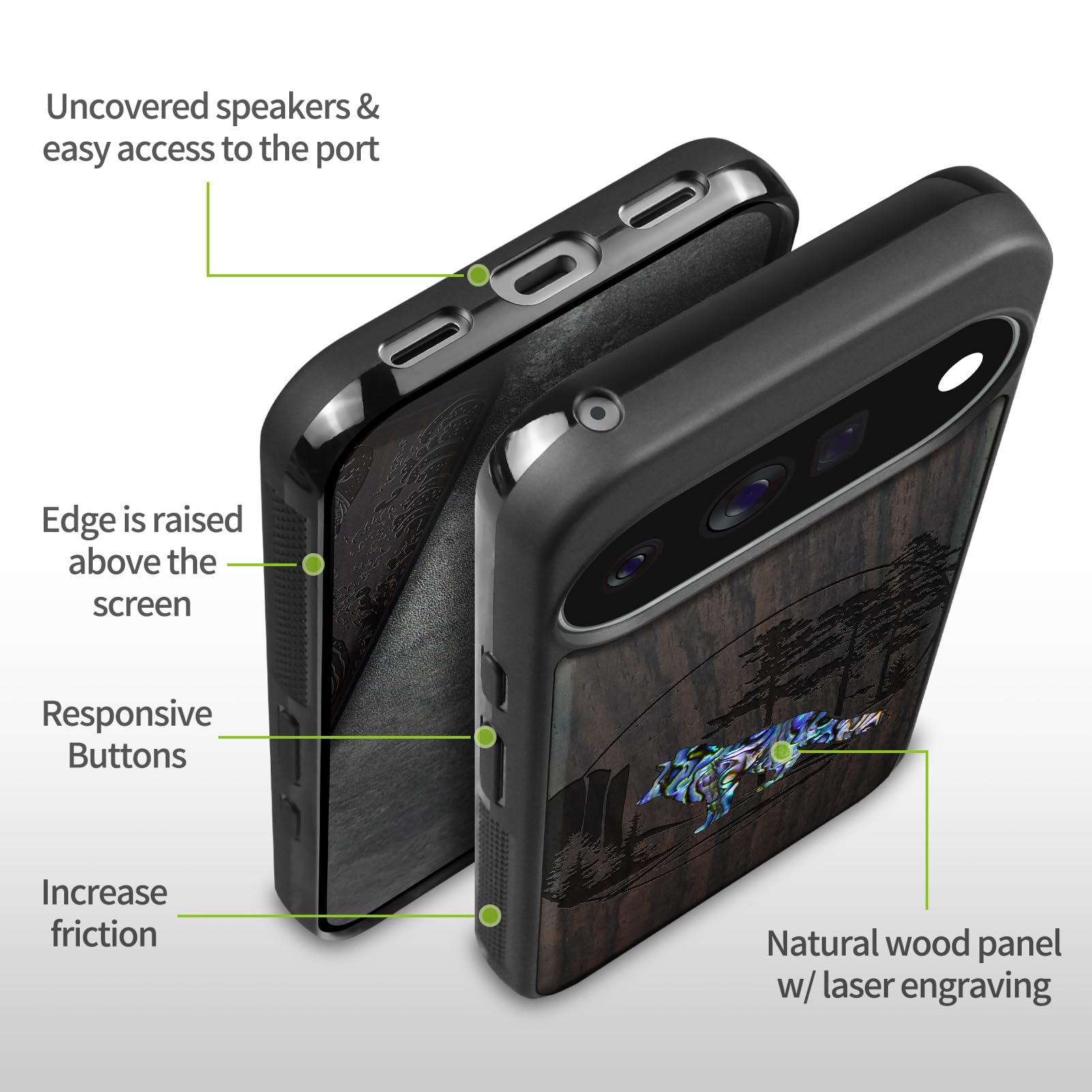 Carveit Madera Funda para Google Pixel 11 (Oscura-Zorro y Maderas)