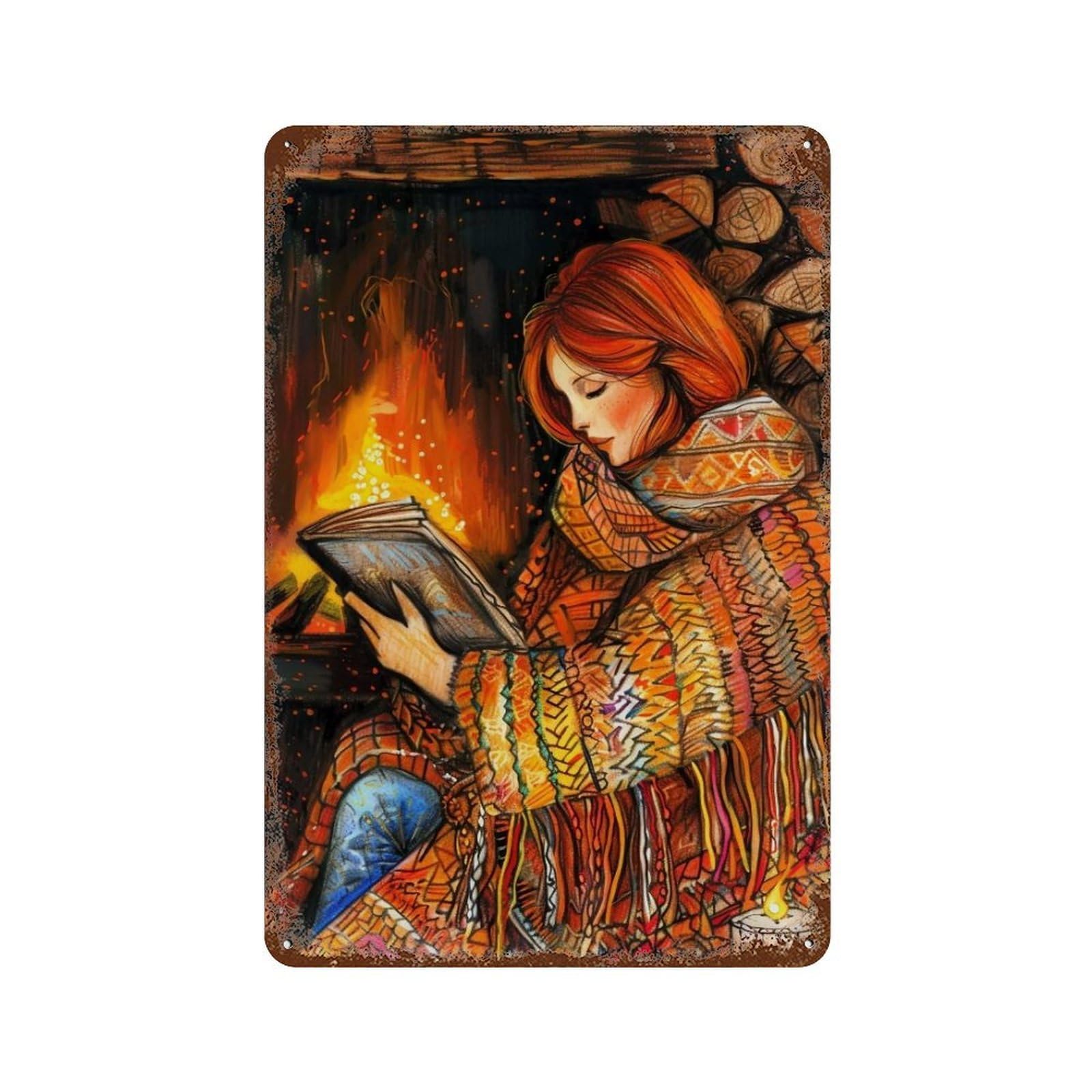 Hduryeyryy Multicolour Reading By Firelight 01 Wall Retro Iron Vintage Art Metal Tin Sign Poster Modern Home Cofffee Club Art Bar Shop Decor 30X20cm