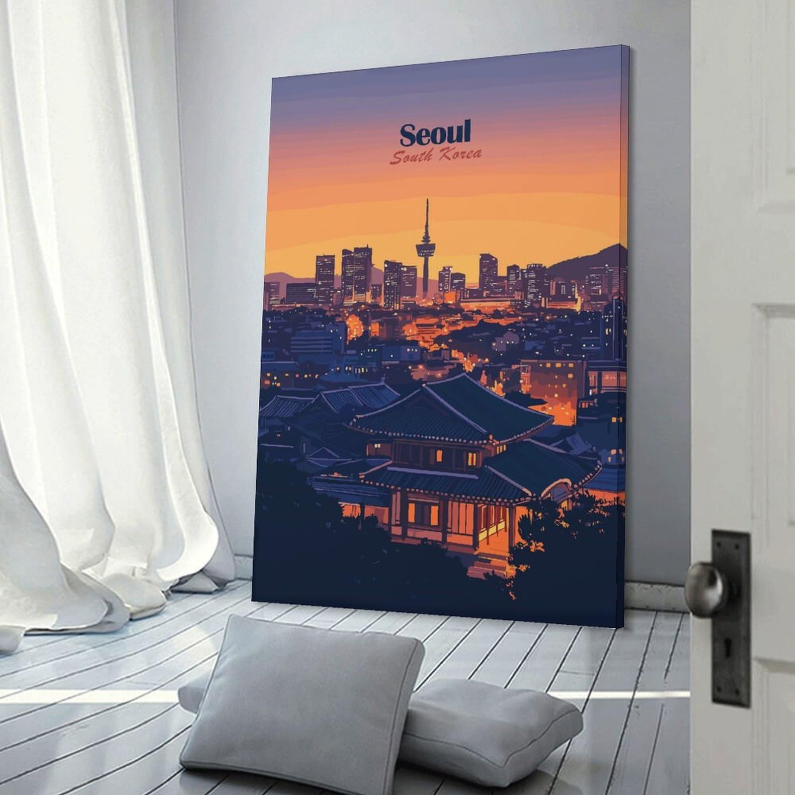 Junmoney Frame-Style-9 Seoul Skyline At Dusk Canvas Wall Decor, 12X18inch(30X45cm), For Wall Displays, Bedrooms Or Room Updates, Wall Decor Suited To Curated Displays