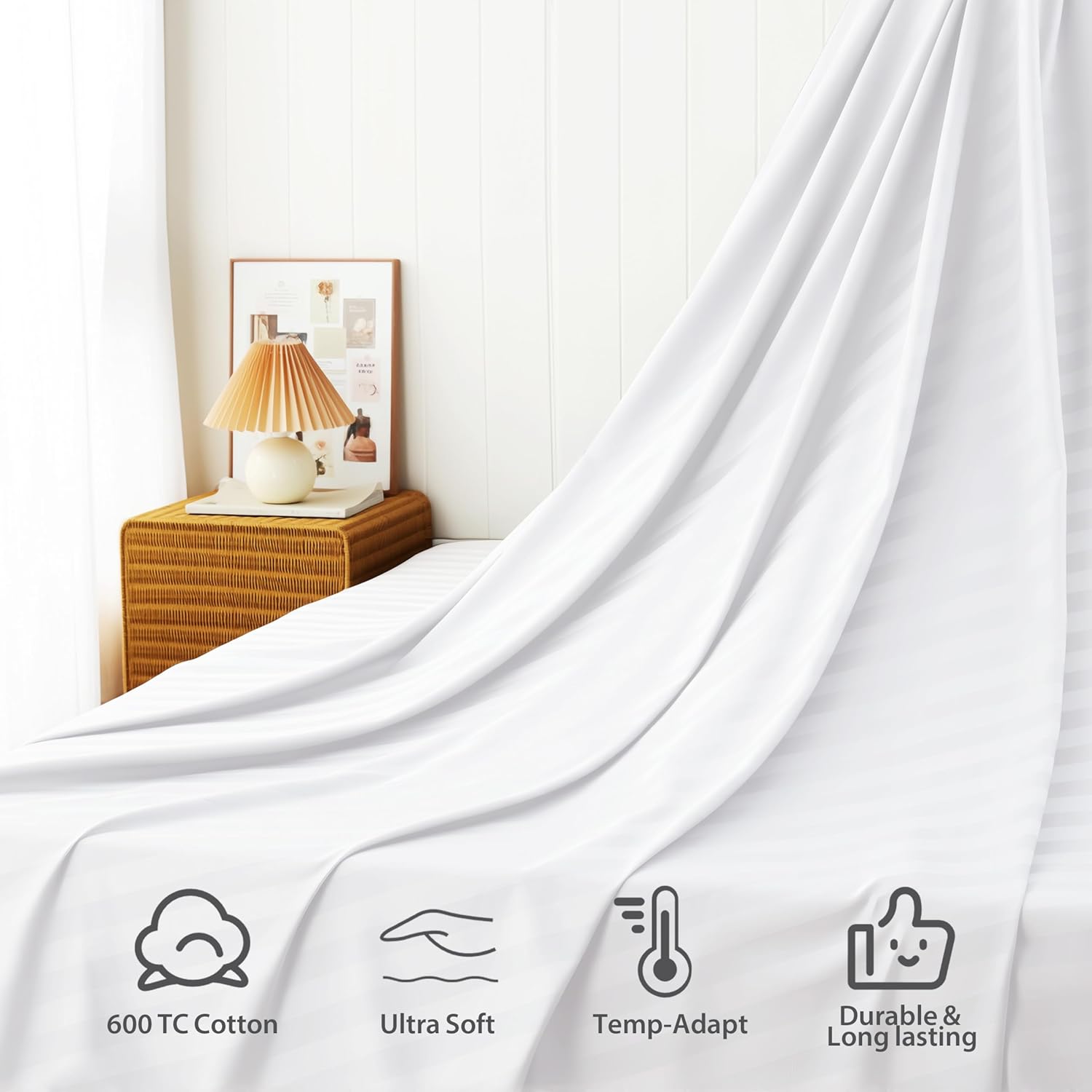 Cotton Flat Sheets Only, 600 TC 100% Cotton Flat Sheet Top Sheet Only, King Size Flat Sheet Only 1Pcs, Cool, Breathable, Wrinkle (Striped-White King 1pcs)