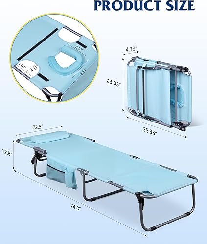 Miniatura 2 de WLIVE Silla de playa plegable de 5 posiciones con orificio frontal, silla de patio portátil para playa, piscina, silla de bronceado al aire libre,
