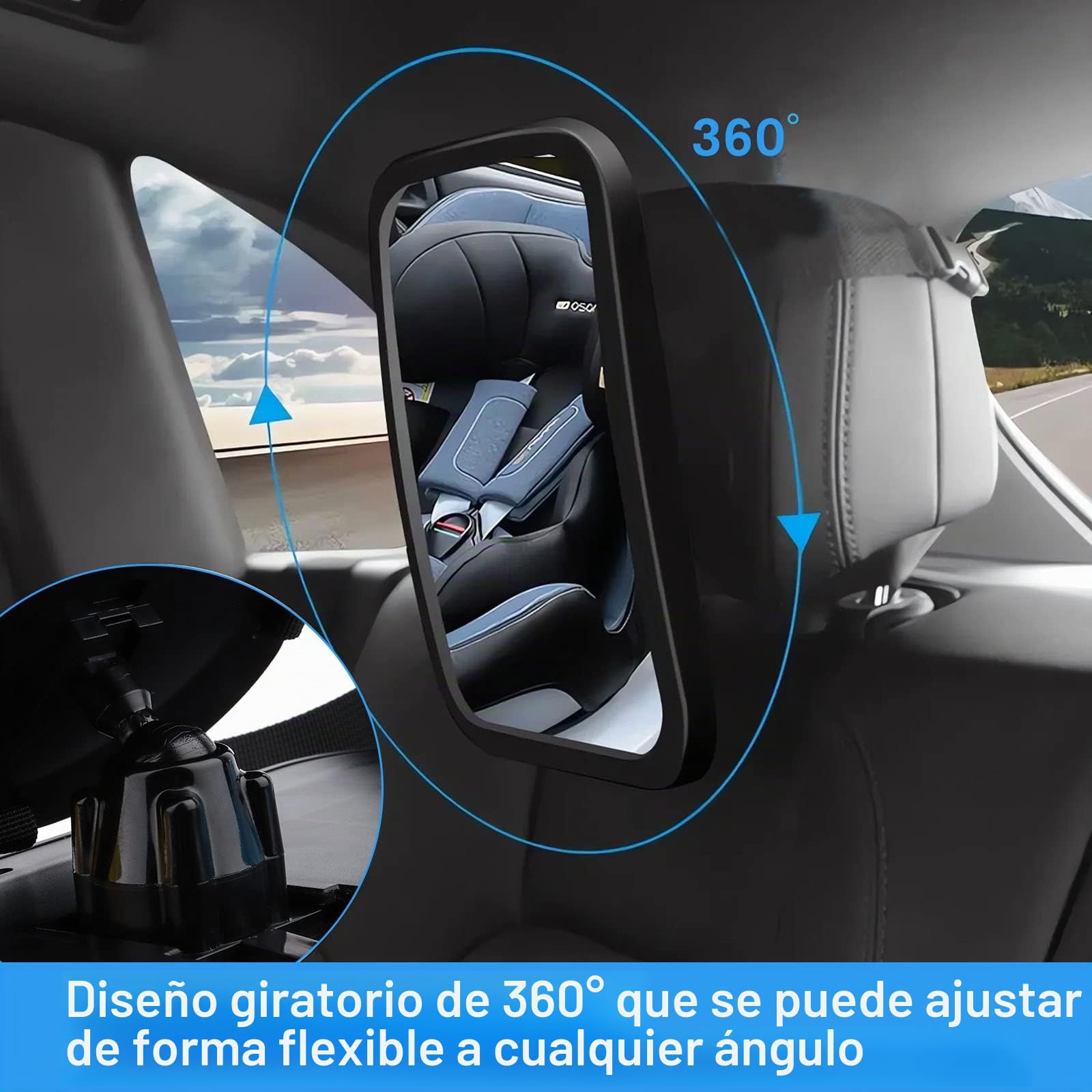 Espejo trasero para bebé, giratorio 360°, de material irrompible, correas elásticas ajustables