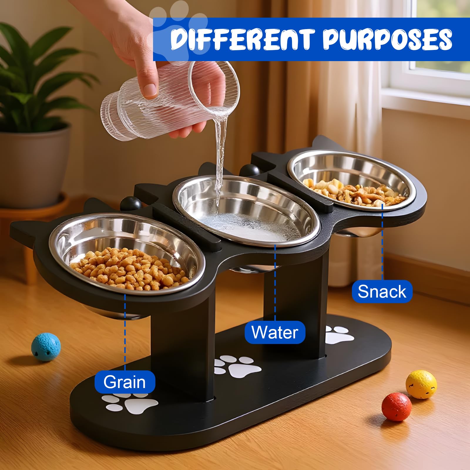 GOMETY Comedero para gatos 3 en 1 elevado, juego de 3 comederos para gatos con 3 cuencos de acero inoxidable, altura ajustable, comedero para gatos elevado, con soporte de madera, comedero ergonómico
