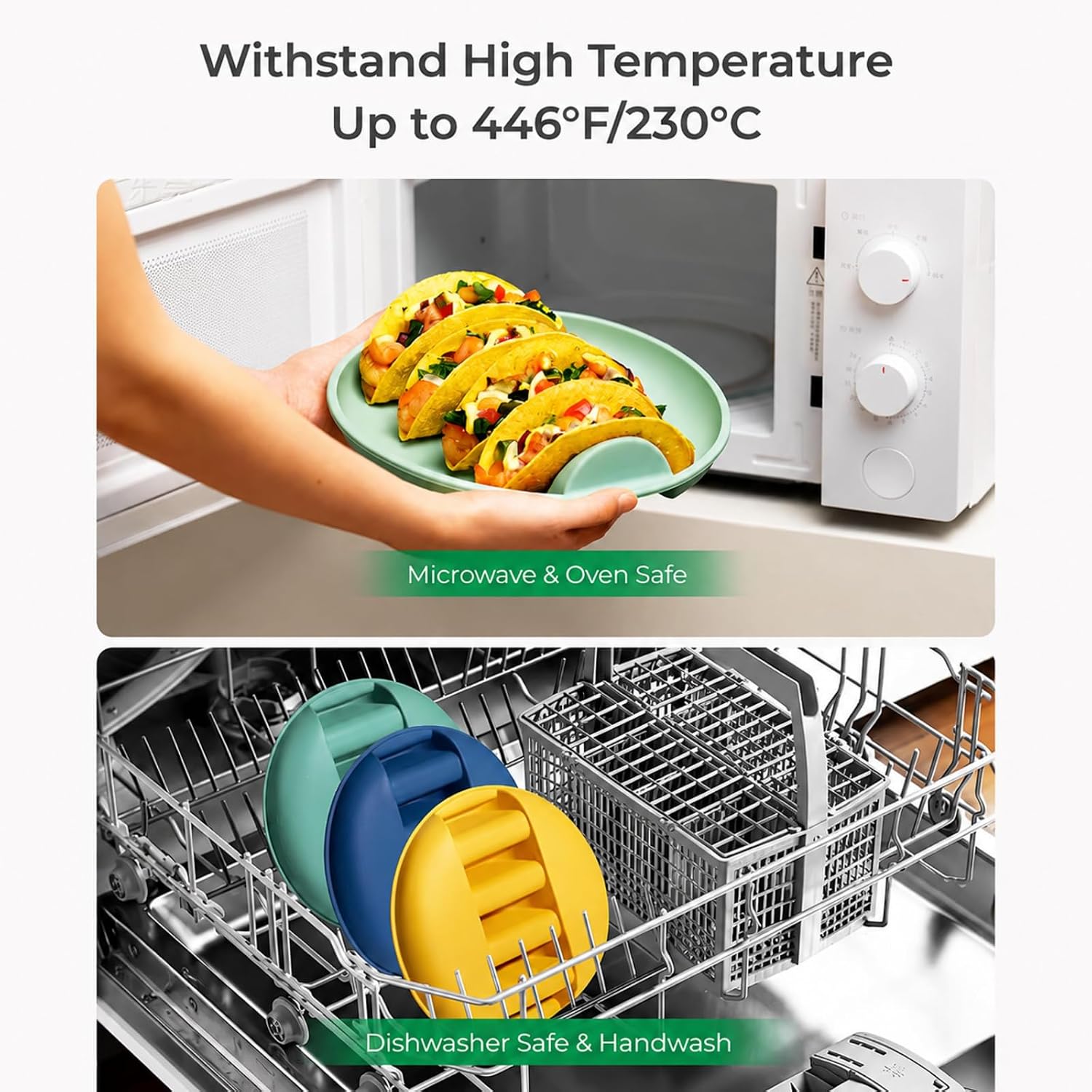 Silicone Taco Holder Plates, 2-Pack Taco Plate Tray for 4 Tacos, Taco Stands for Soft & Hard Shells, Taco Night Serving Plates with Compartments, Stackable & Dishwasher Safe