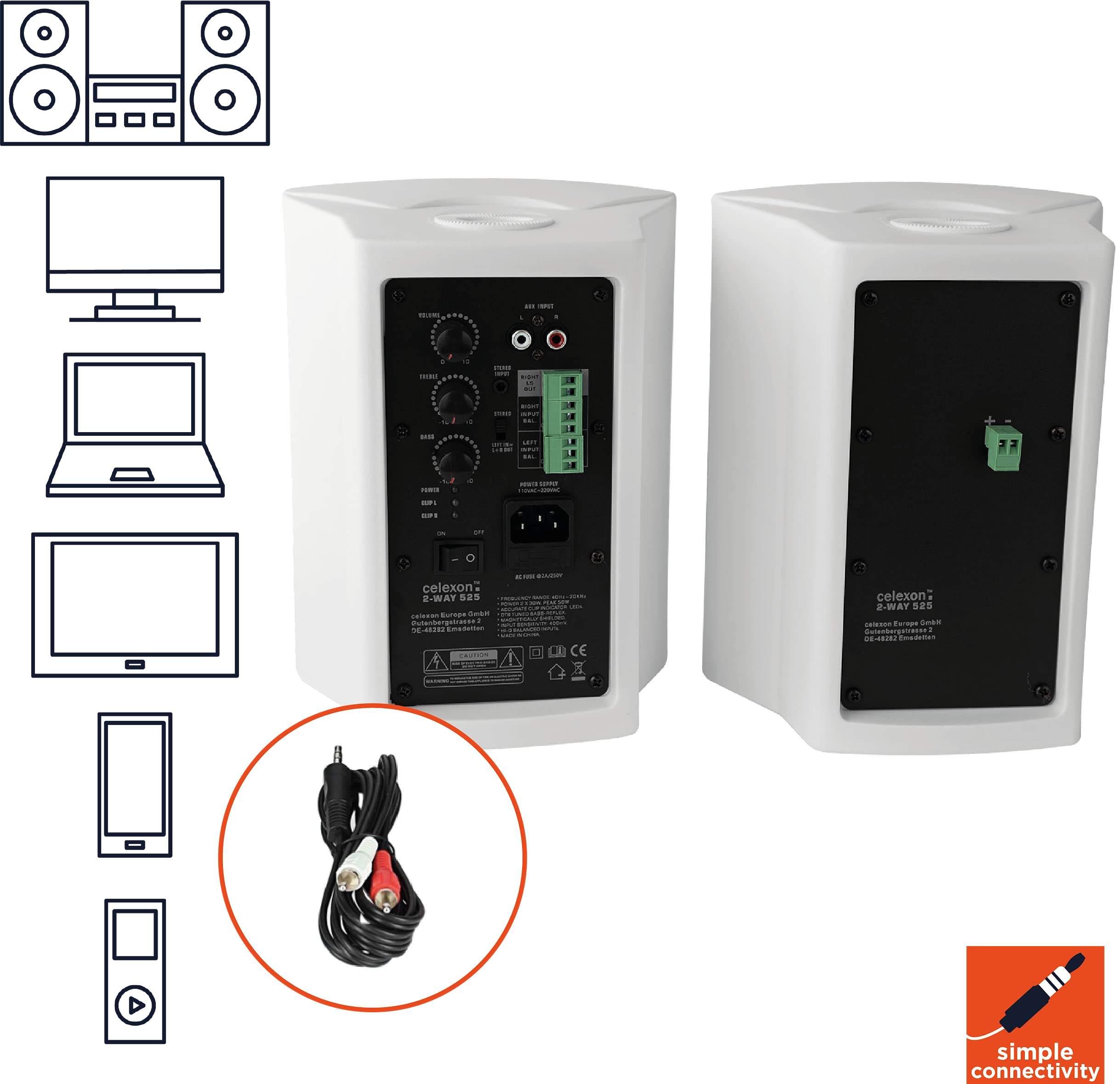 celexon Aktivlautsprecher-Set weiß 2x 30W Lautsprecher für PC Büro