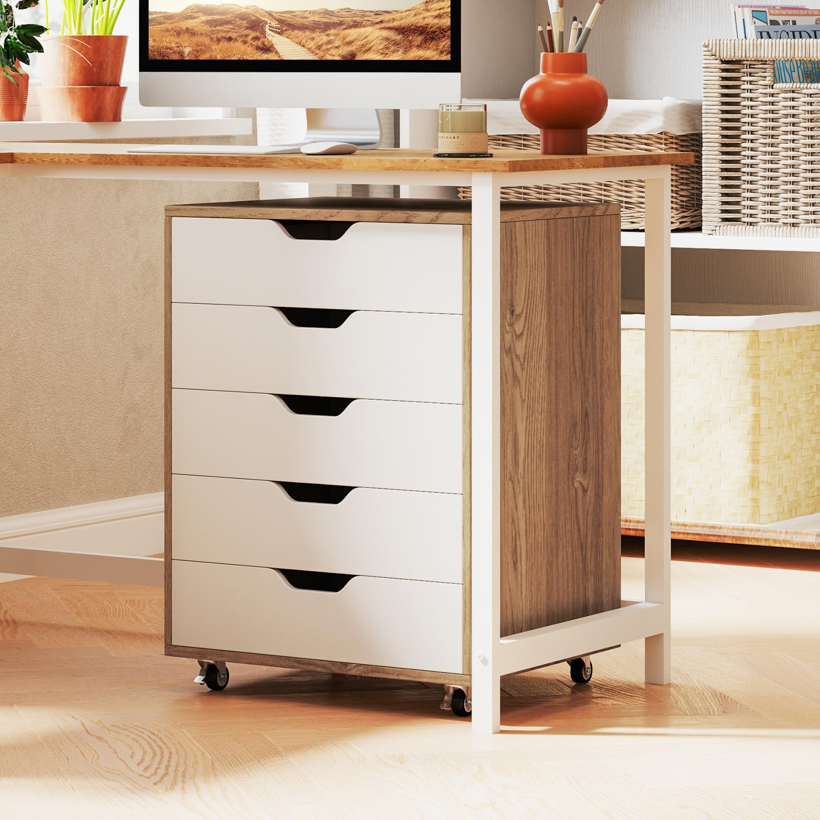 RELAX4LIFE Cassettiera Ufficio con Ruote, Piano 40x49 cm con Portata 45kg, Guide Metalliche, Silenziosa e Stabile, Mobile Porta Stampante per Ufficio, Casa (Bianco+Naturale, 5 Cassetti – 66 cm)