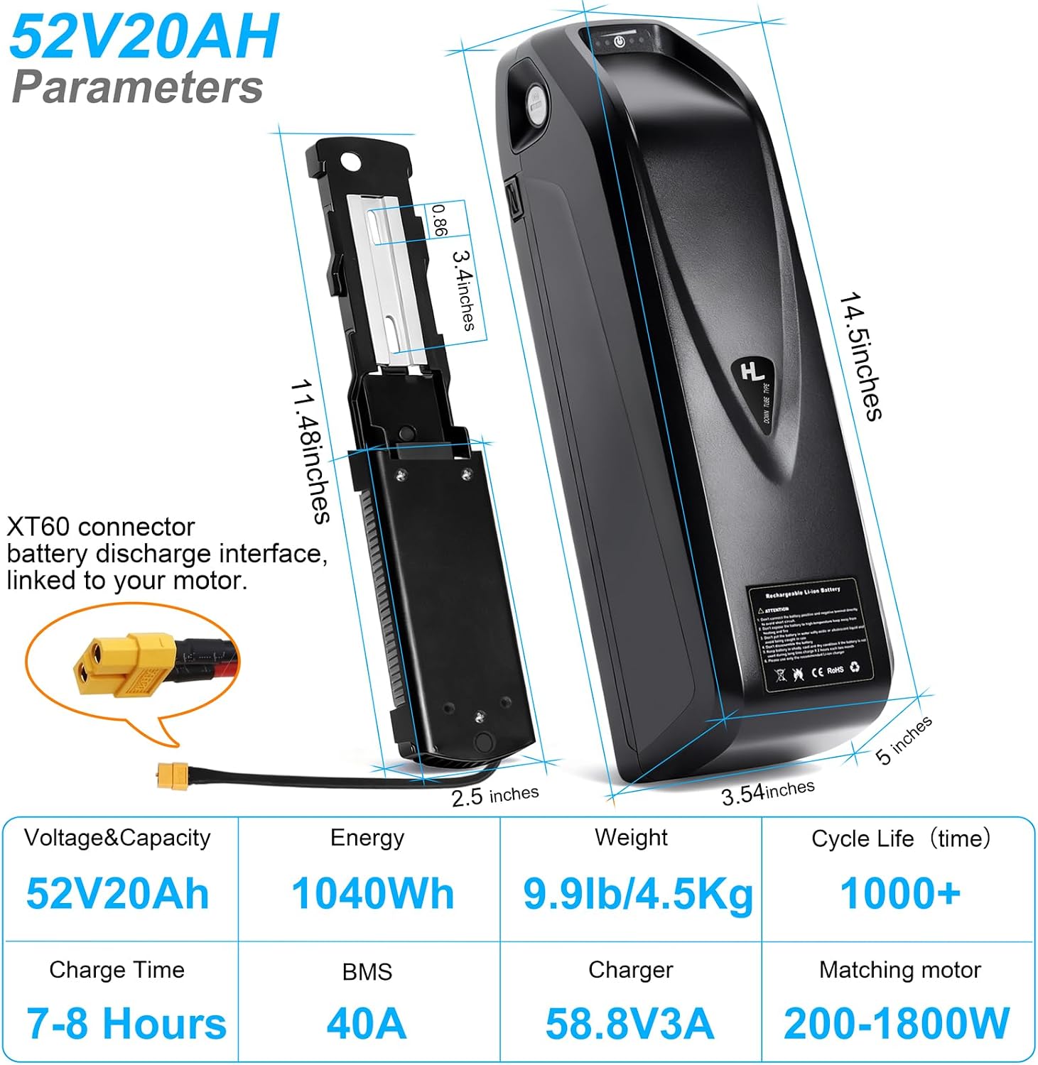 48V 52V Ebike Battery, 13Ah/16Ah/20Ah/25Ah Lithium Battery Pack with 40A BMS for Electric Bicycles,E-Motorcycles (0-1000W) Motor, XT60 Connector, Base and USB Port (52V 20AH)