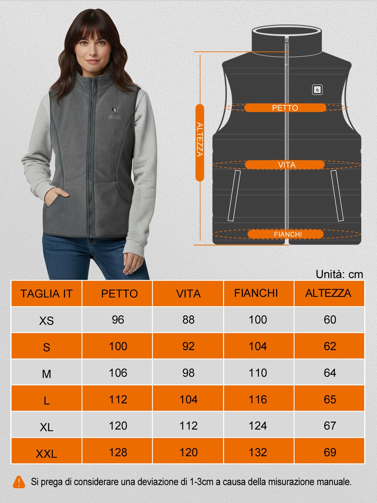 UNBON Gilet Riscaldato Donna, Giubbotto Riscaldato Donna con Batteria USB 10000mAh, Gilet Riscaldante Pile con 3 Temperatura 6 Zone Calore, Giubbotto Riscaldante Termico, Giacca Riscaldata Grigio S