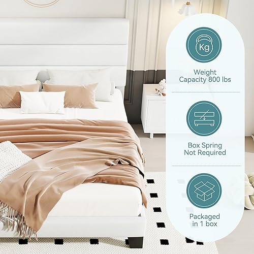 Miniatura 47 de HOOMIC Base de cama de tamaño matrimonial con cabecero, plataforma tapizada de tela con soporte de listones de madera fuerte, base de colchón, no