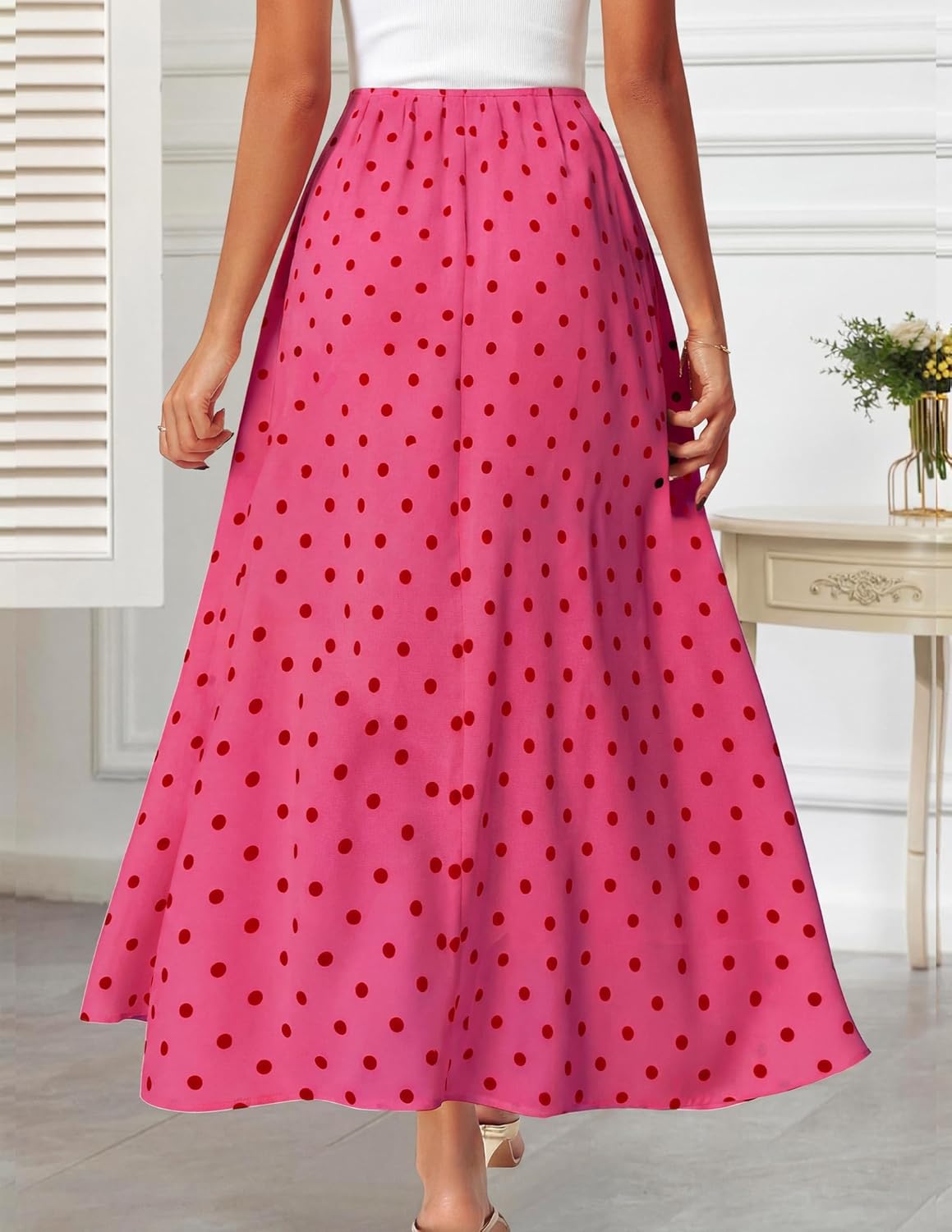 DERAX Women's Polka Dot Flowy Maxi Skirt A-Line High Waisted Vintage Retro Elegant 2026 Spring Summer Long Skirt with Pockets - Image 2