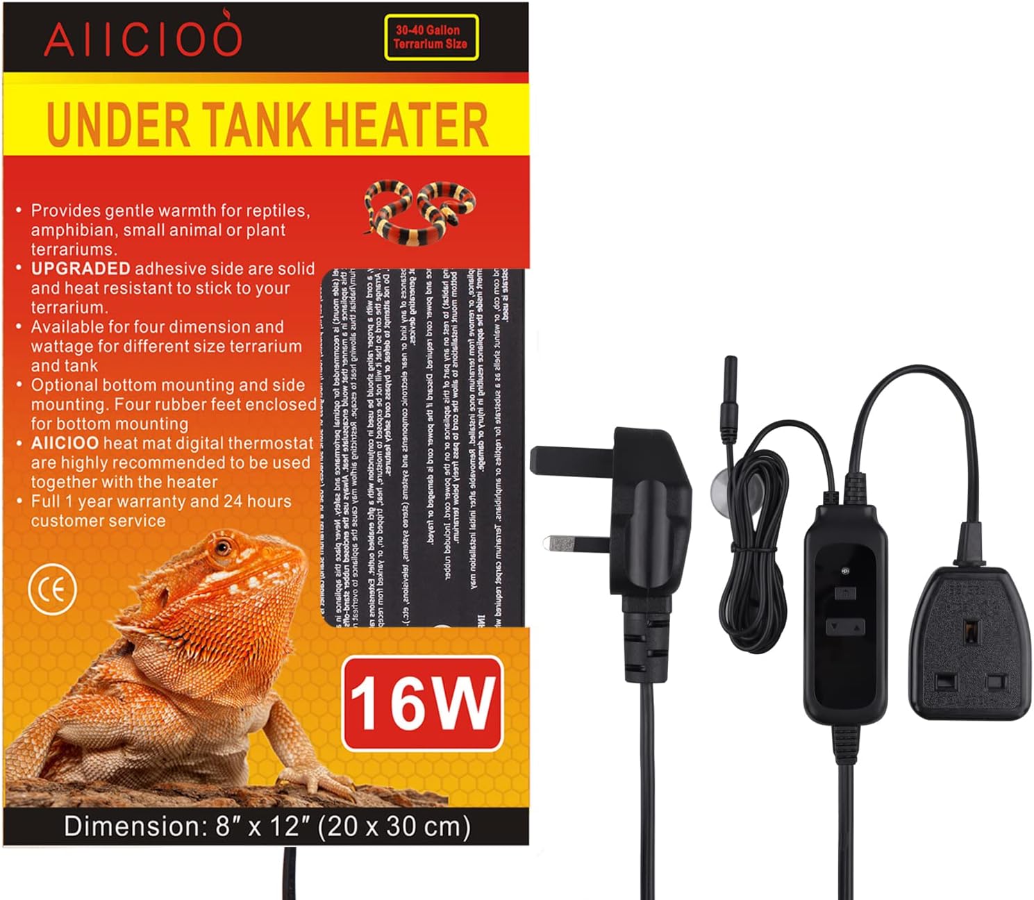 AIICIOO Reptile Heat Mat Tank Warmer Thermostat - Terrarium Heat Pads Aquarium Heating Mat with Temperature Controller for Reptiles, Lizard, Turtles, Snake, 16W