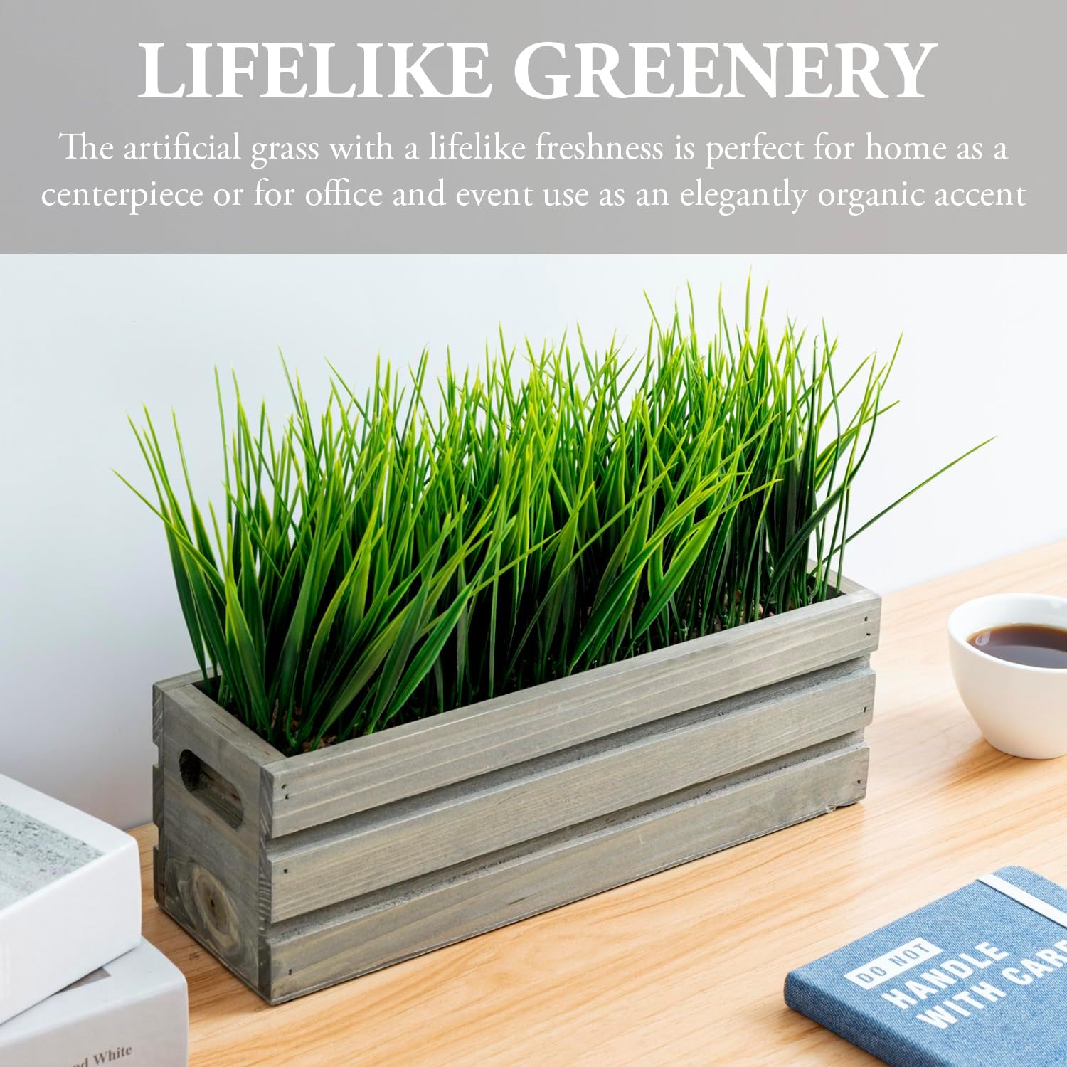 MyGift 12 Inch Artificial Green Grass Plant in Vintage Gray Brown Solid Wood Planter Box, Faux Greenery in Decorative Rectangular Crate Style Container