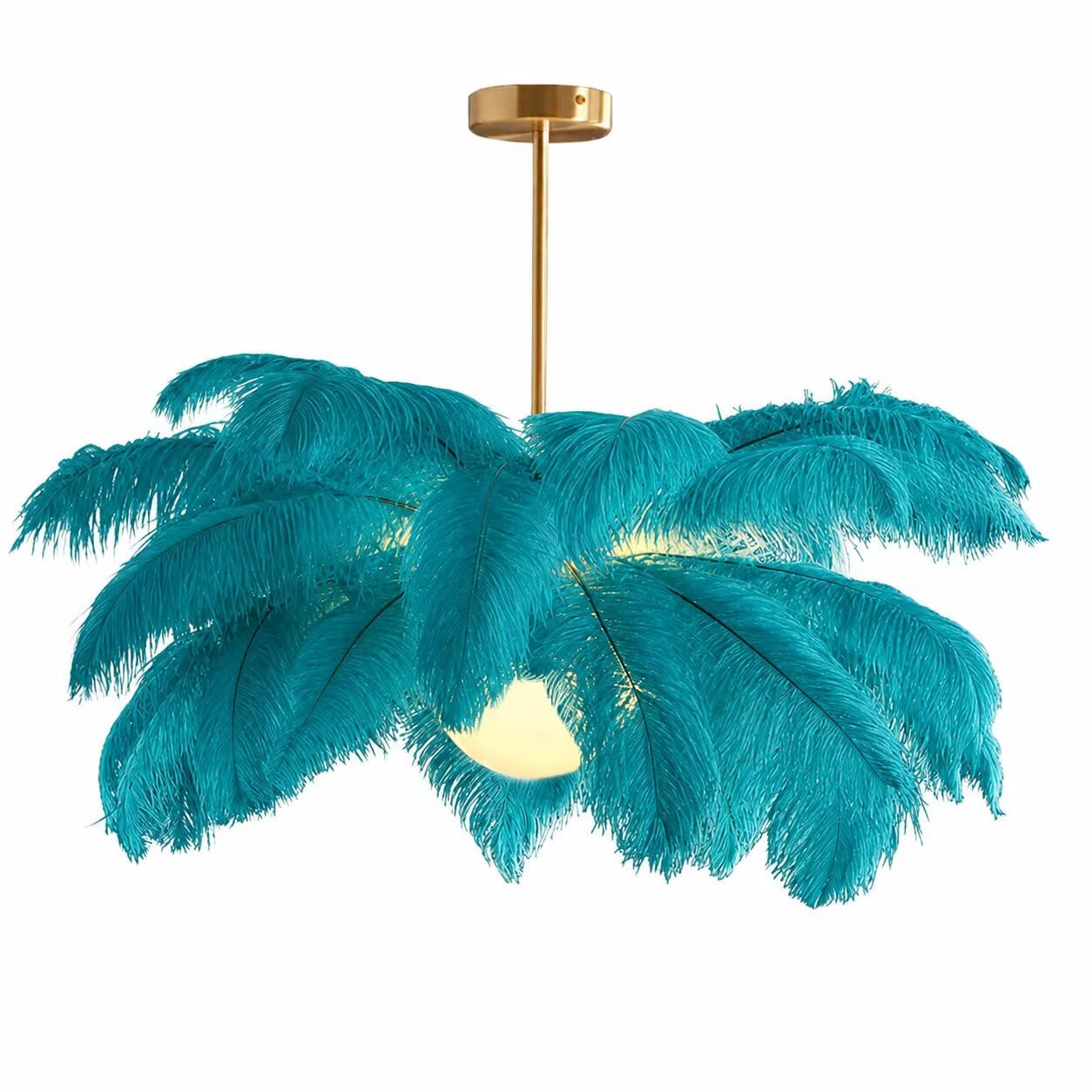GUANSHAN Creative Peacock Blue Ostrich Feather Ceiling Lamp, Romantic and Aesthetic Feather Chandelier Pendant Lamp with Golden Base for Bedroom, Living Room, Corridor — image 1