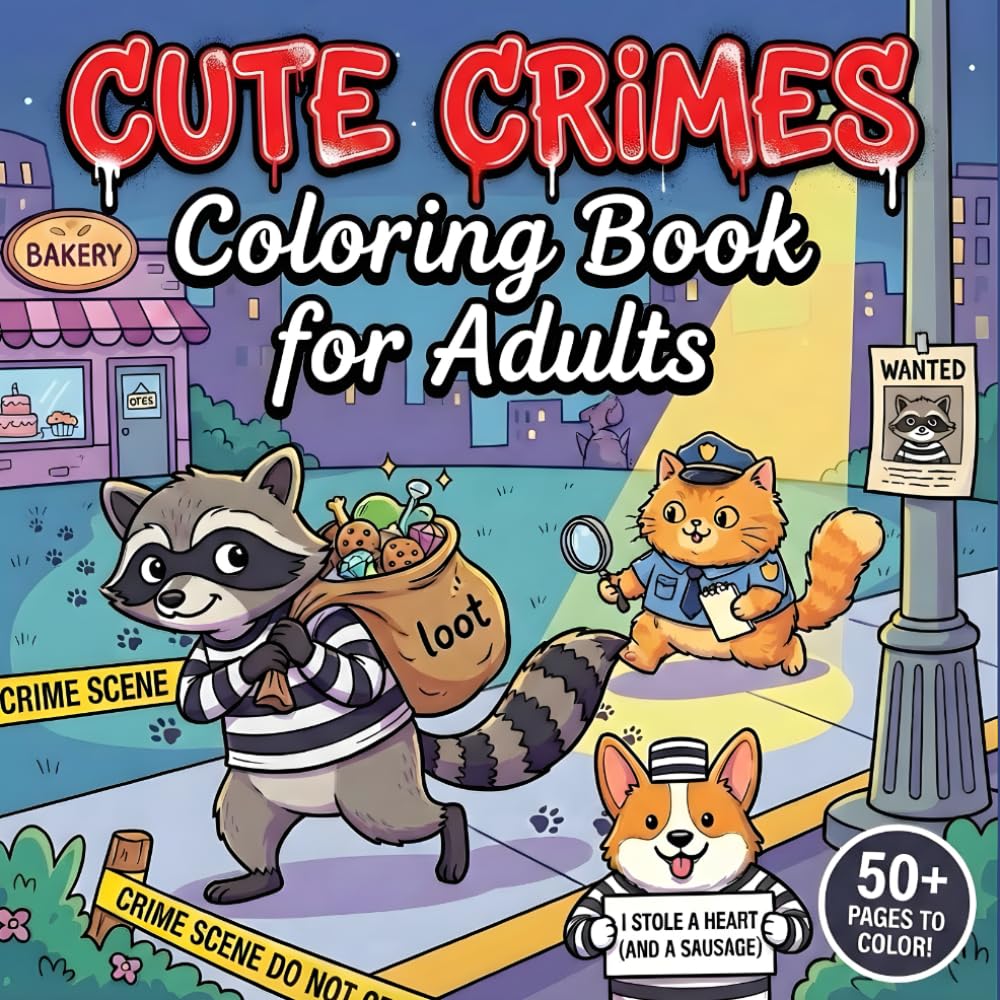 Cute Crimes Coloring Book for Adults: 50+ Pages To Color Hygge vibes with Crime Scenes and Comfy Animal Moments for Stress Relief
