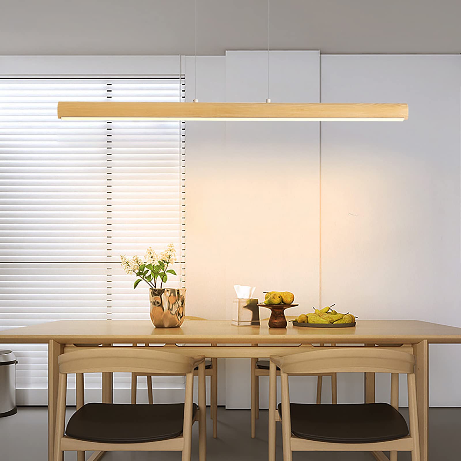 KXEcoLife Modern Minimalist Dimmable Wood Linear Chandelier LED Pendant Light Fixture for Dining Room Living and Kitchen Island 36x5inch Hanging