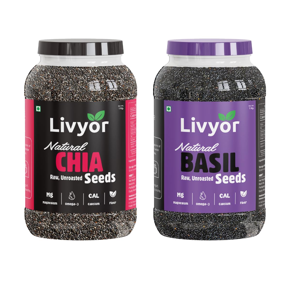 Livyor Natural Chia Seeds and Basil Seeds for eating -1kg each | Combo | Unroasted | Rich in Calcium | High in Fibre | Pack of 2-image-44