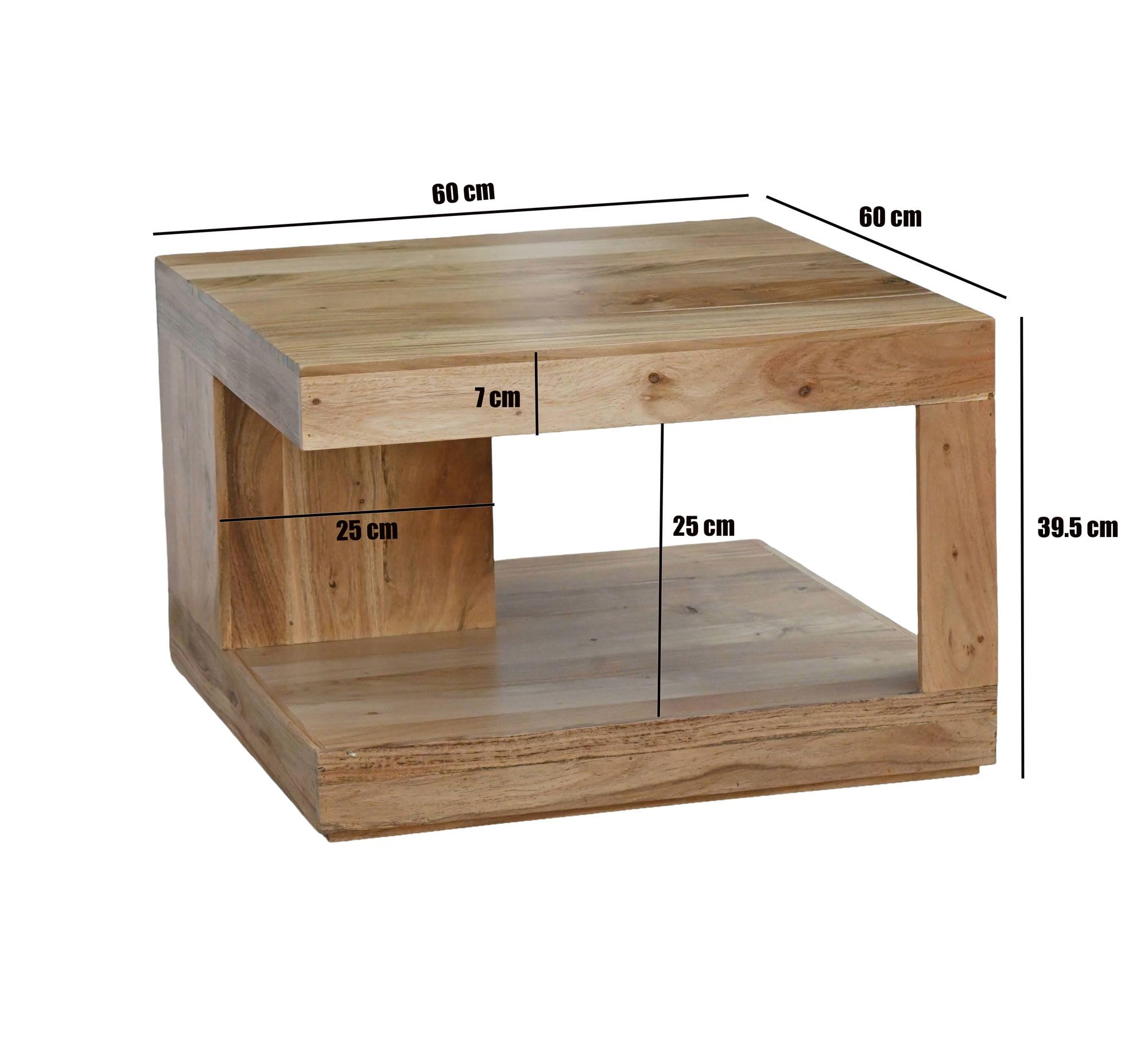 FineBuy Mesa de centro de madera maciza de acacia, 60 cm, mesa cuadrada para salón con compartimento, mesa de sofá de diseño, mesa de salón abierta, mesa auxiliar natural hecha a mano