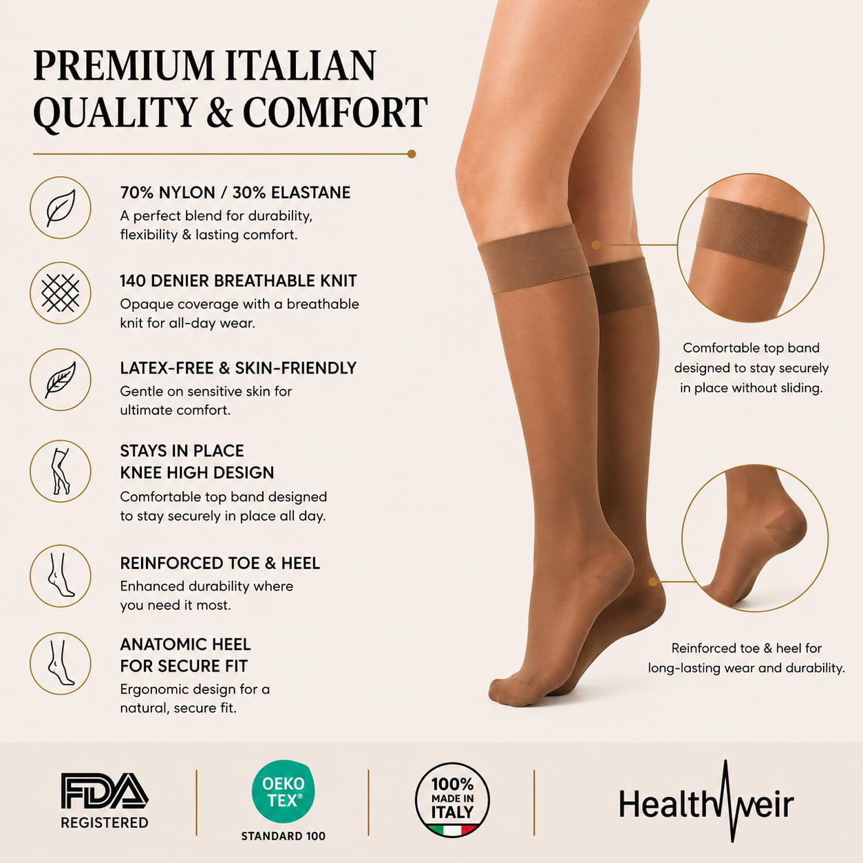 Healthweir Medias de compresión graduada de 15-20 mmHg (UE 18-22 mmHg), medias de apoyo médico clase 1, fabricadas en Italia, manguera transparente para viajes, recuperación, lactancia y maternidad (3