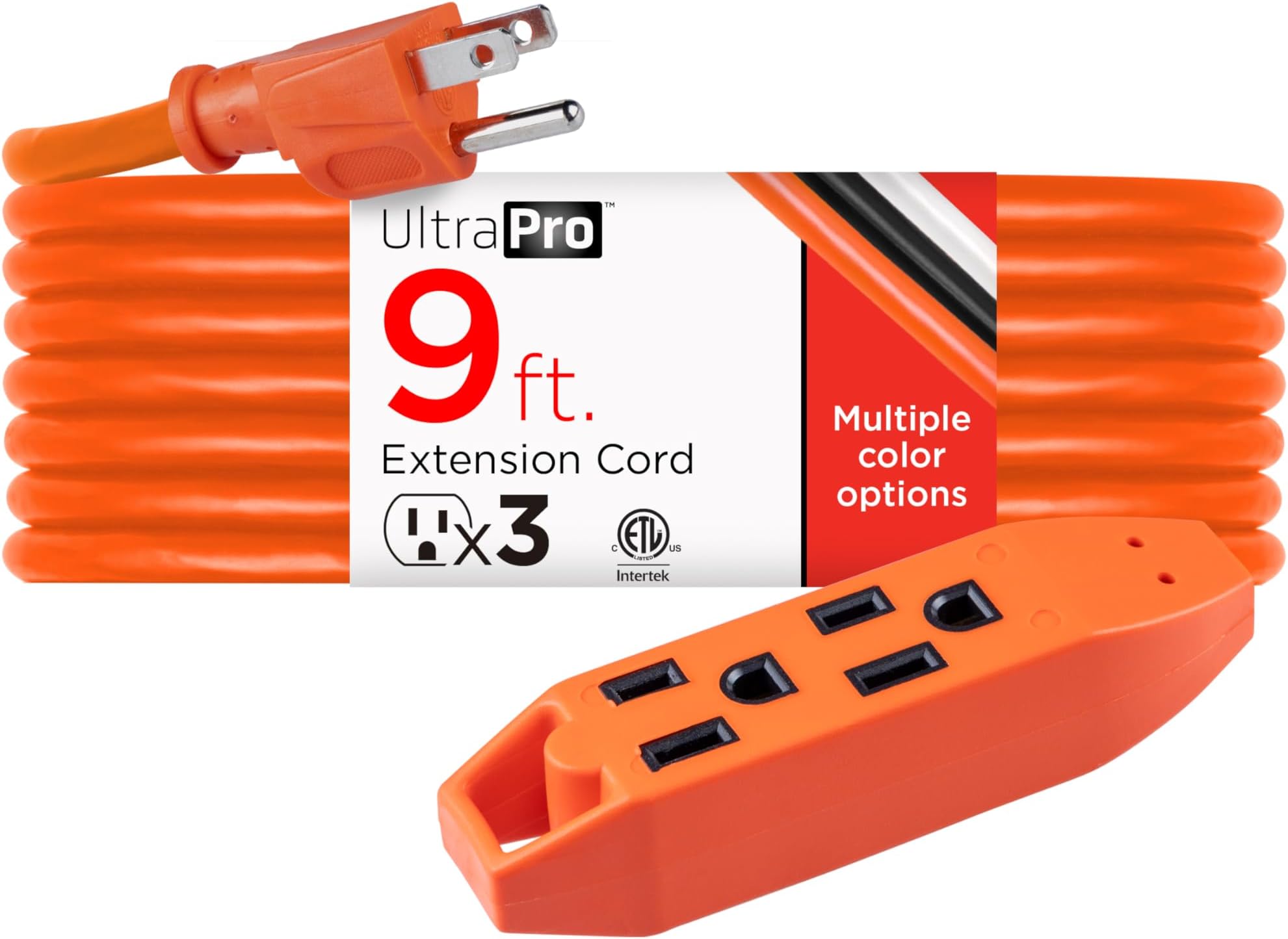UltraPro 9 Ft Outdoor Extension Cord 3 Outlet Power Strip Short Extension Cord with Multiple Outlets Grounded Heavy Duty Power Cord 16 Gauge ETL Listed Orange 51927