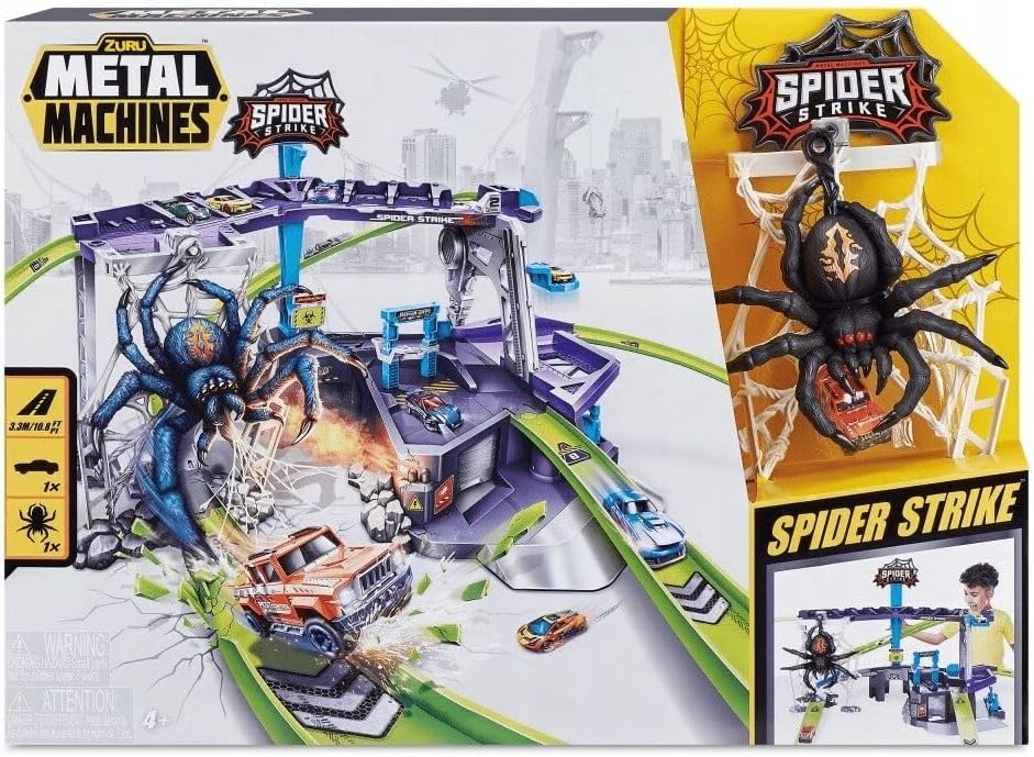 Packaging of the Zuru Metal Machines Spider Strike Playset showing the assembled playset and included car.