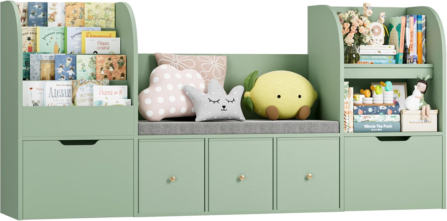 FOTOSOK 71” Kids Bookshelf with Reading Nook, Toy Storage Organizer with Seat Cushion and 2 Movable Drawers & 3 Fabric Toy Chests, Kids Reading Nook Toy Organizers and Storage with Bench for Playroom