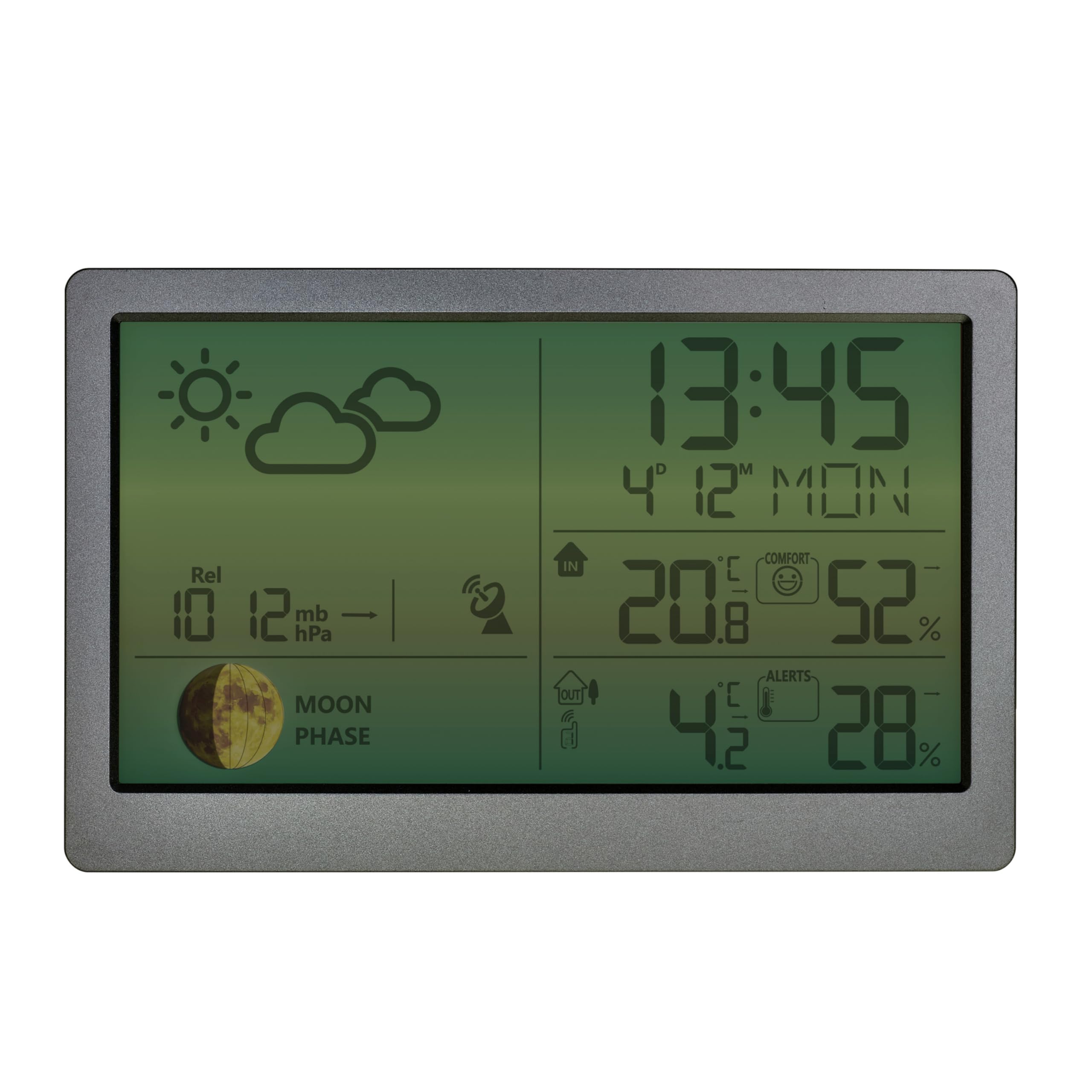 TFA Dostmann stazione meteo digitale con sensore esterno e display a colori LUNA Sky, 35.1169, misuratore di temperatura e umidità, fasi lunari, allarme temperatura esterna, grigio