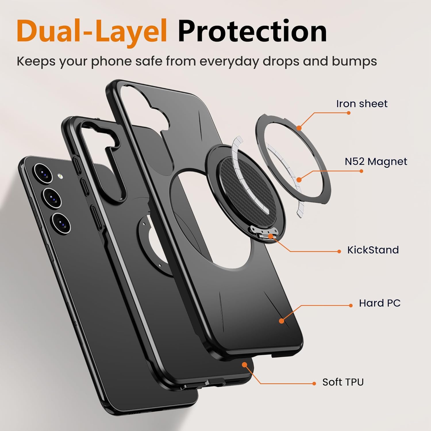 for Galaxy-S23 Case [𝗡𝗼𝘁 𝗙𝗶𝘁 𝗦𝟮𝟯 𝗣𝗹𝘂𝘀], with 2 HD Screen Protectors, Strong Magnetic & 360° Rotatable Stand, Dual-Layer Protection, Slim Fit Phone Case for Samsung S23, Black - Image 6