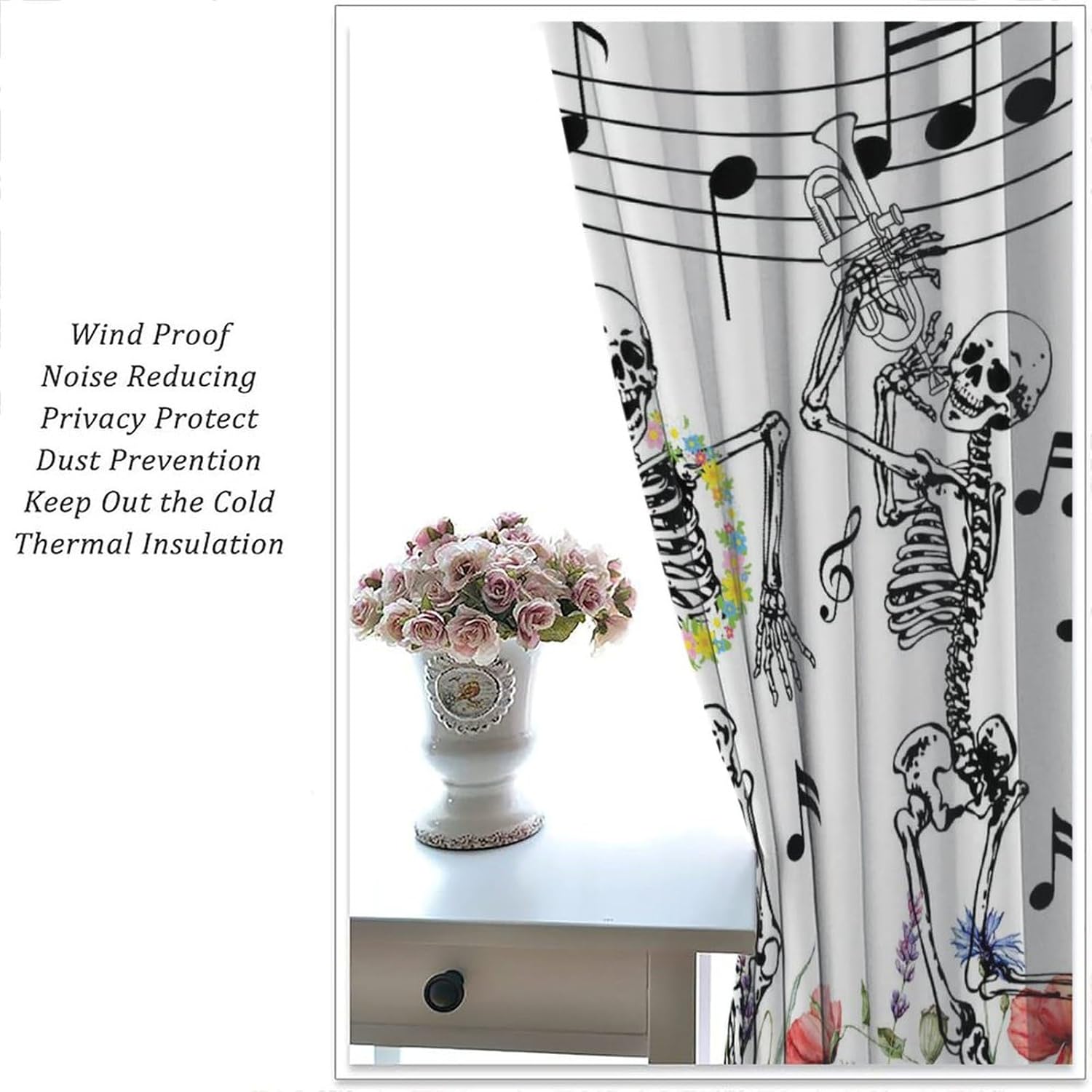 Funny Skull Blackout Window CurtainGothic Skeleton Dancing Saxophone Music Wildflower Floral Curtain for Home Kitchen Livingroom Coffee Room Window Curtain 2Panel 42" W X 45" L