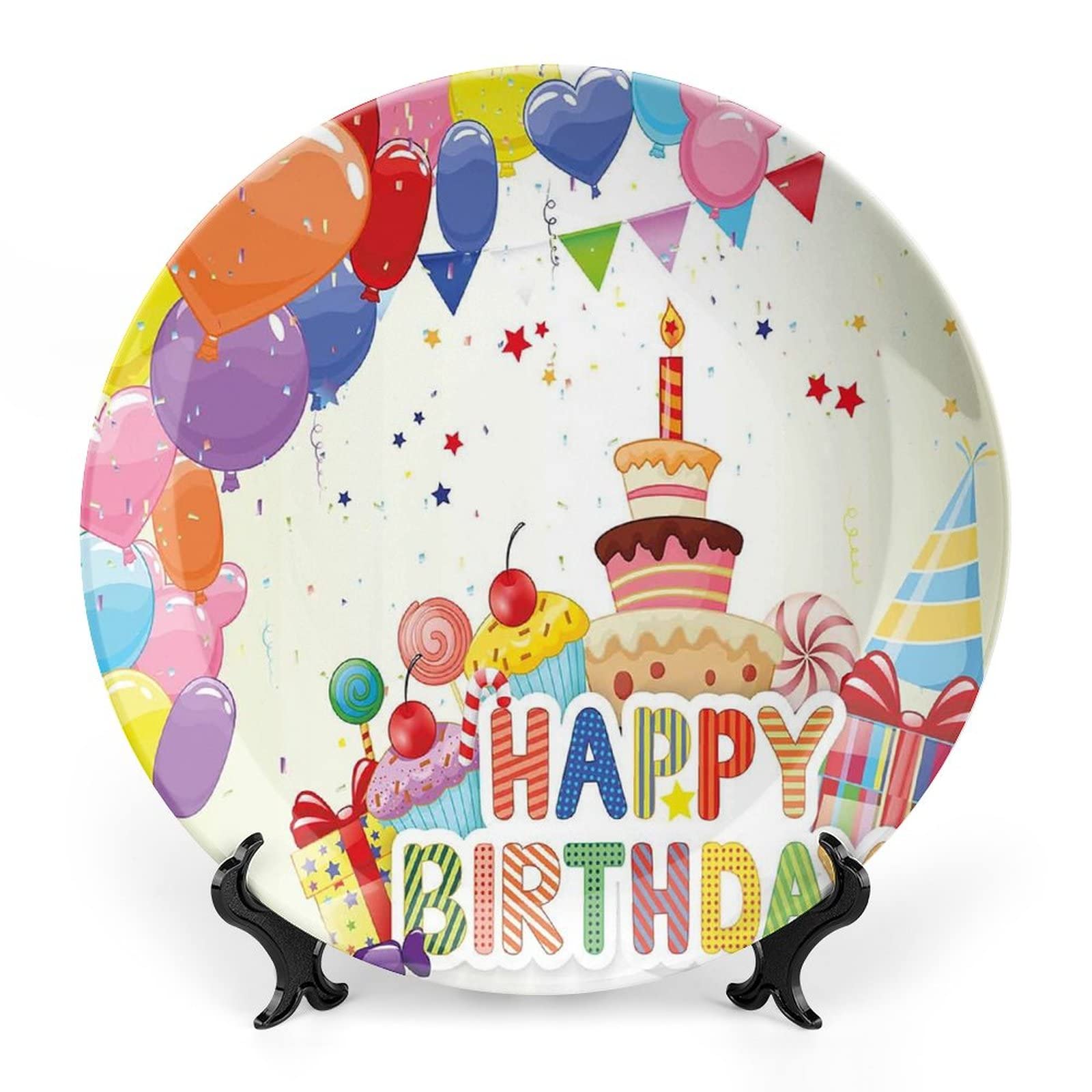 LIGUTARS Decorative Plates, Birthday Decor Print Ornament, Heart Shaped Funny Balloons Cupcakes Candies, 7 Inch, 1 Plate with 1 Display Stand,