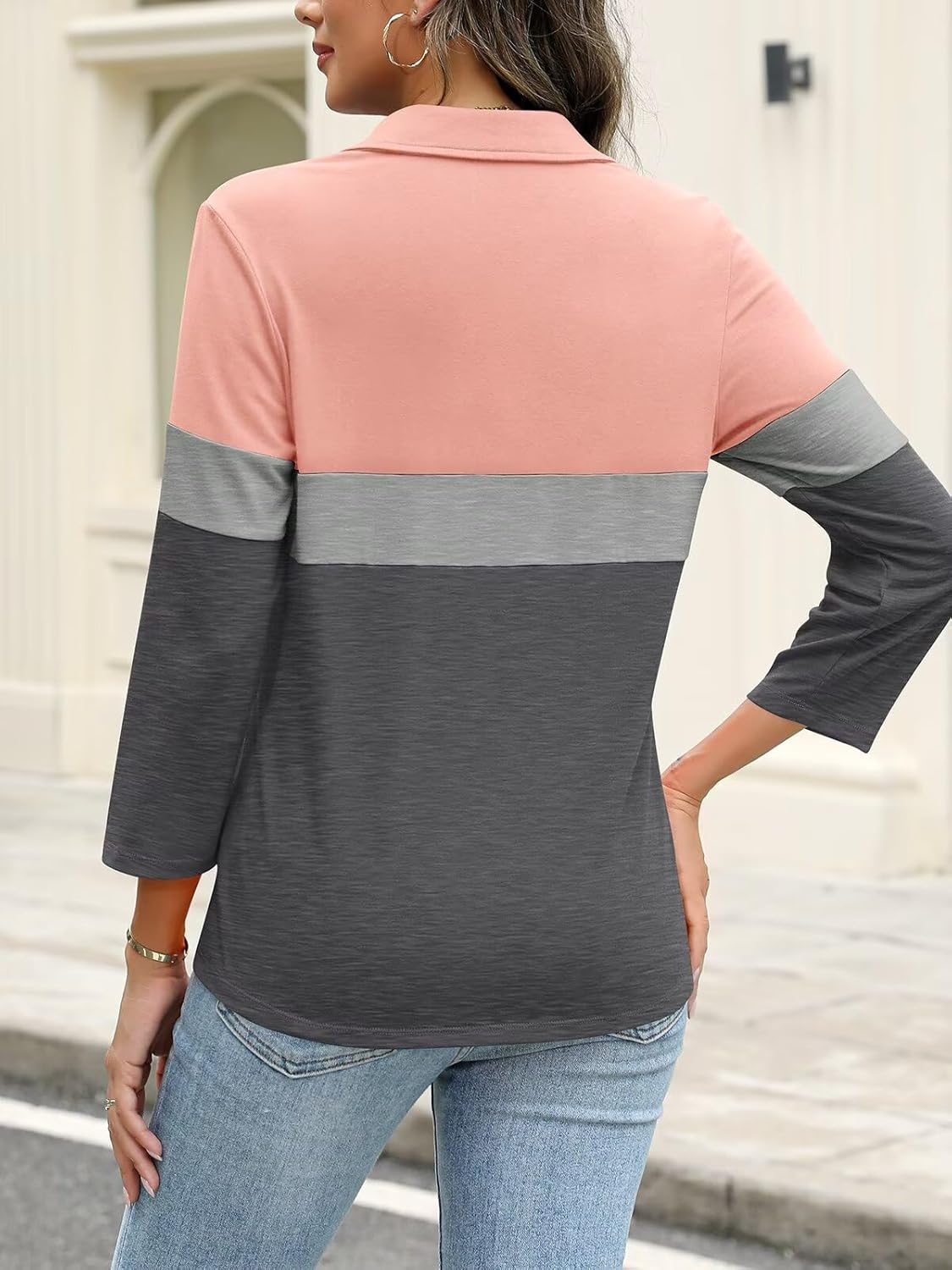 ORANDESIGNE Women's Button Down Shirts 3/4 Length Sleeve Polo Collared Tops Business Casual Color Block Summer Tees - Image 2